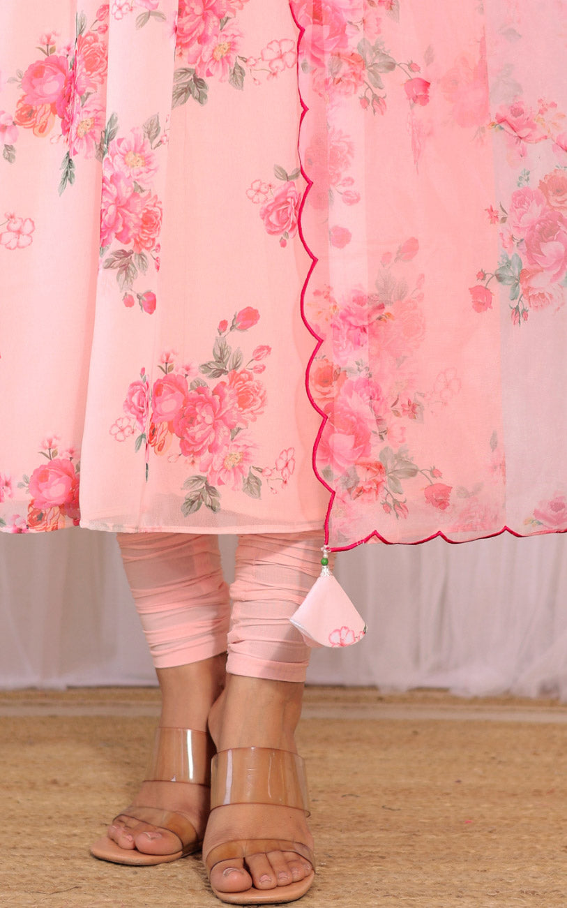 Anam Blush Pink Floral Georgette Anarkali with Cutwork Organza Dupatta