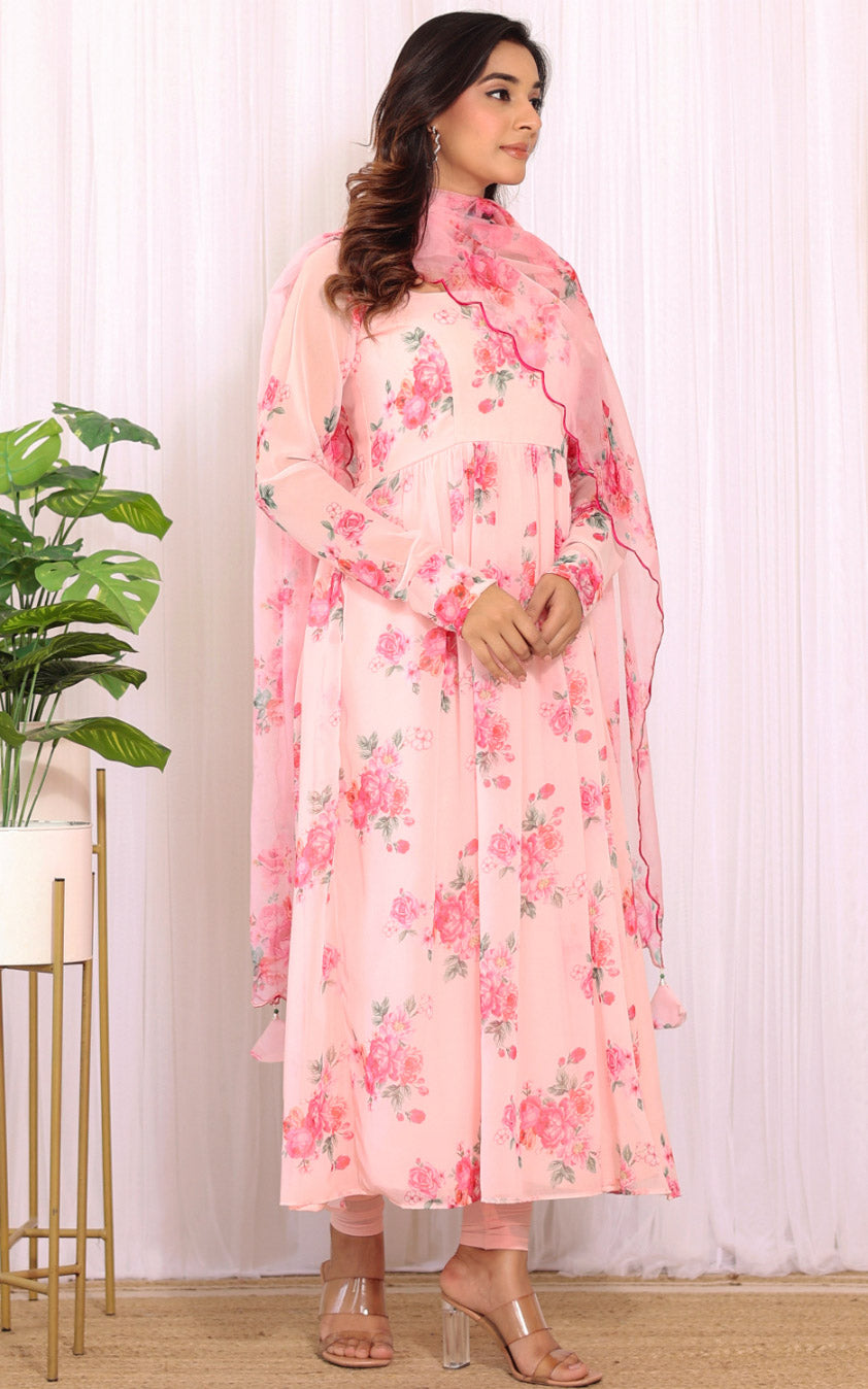 Anam Blush Pink Floral Georgette Anarkali with Cutwork Organza Dupatta