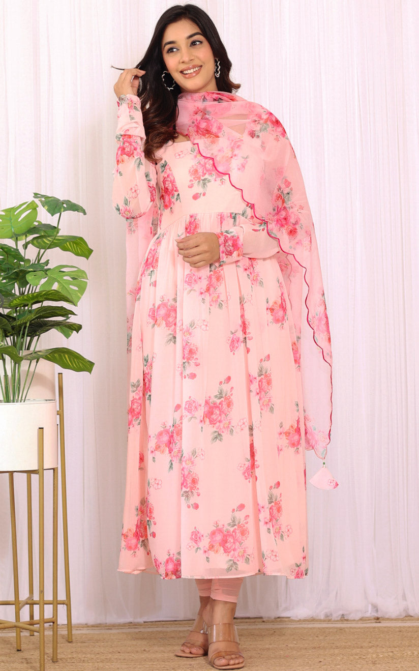 Anam Blush Pink Floral Georgette Anarkali with Cutwork Organza Dupatta