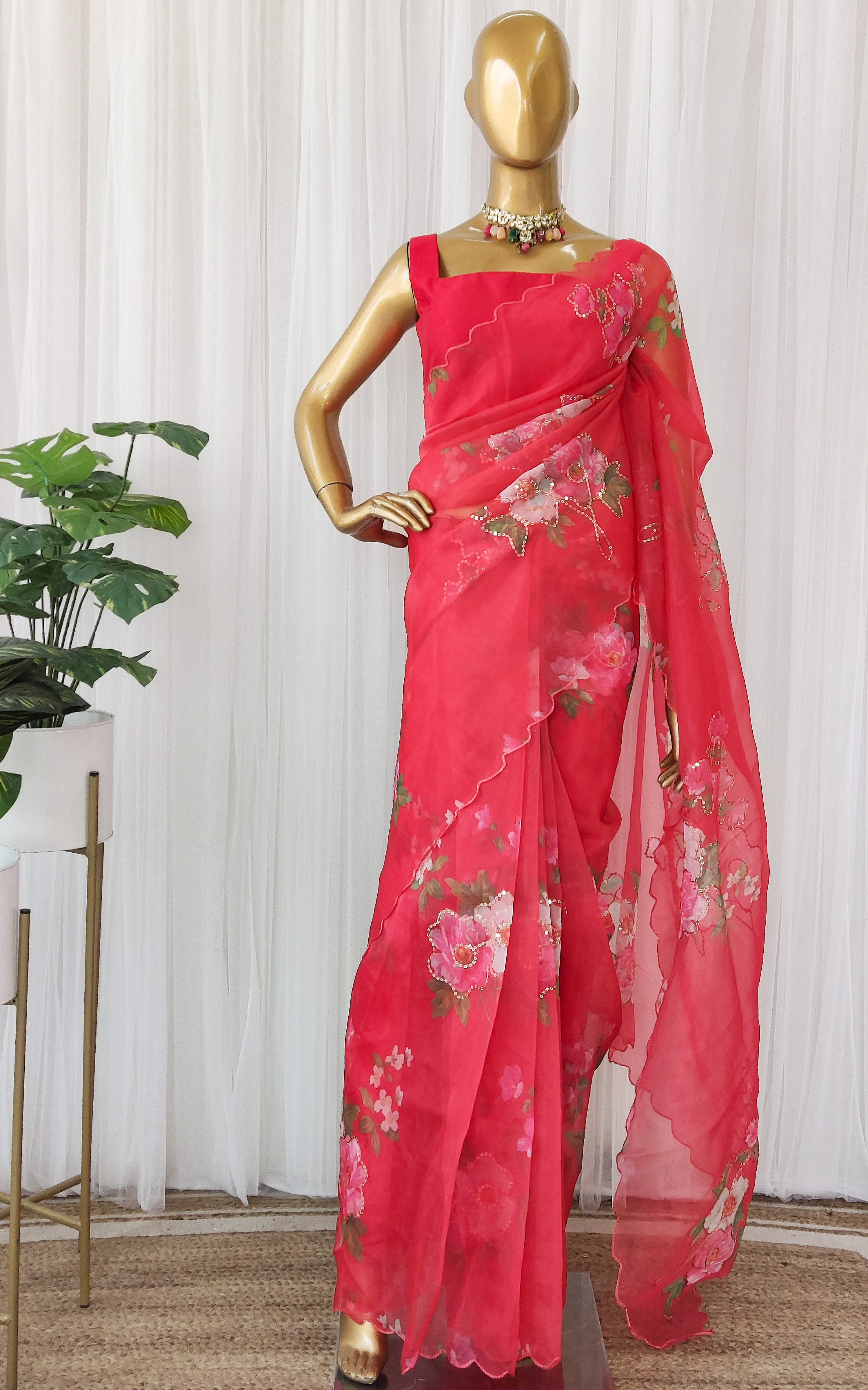 Cherry Red Floral Sequinwork Organza Saree