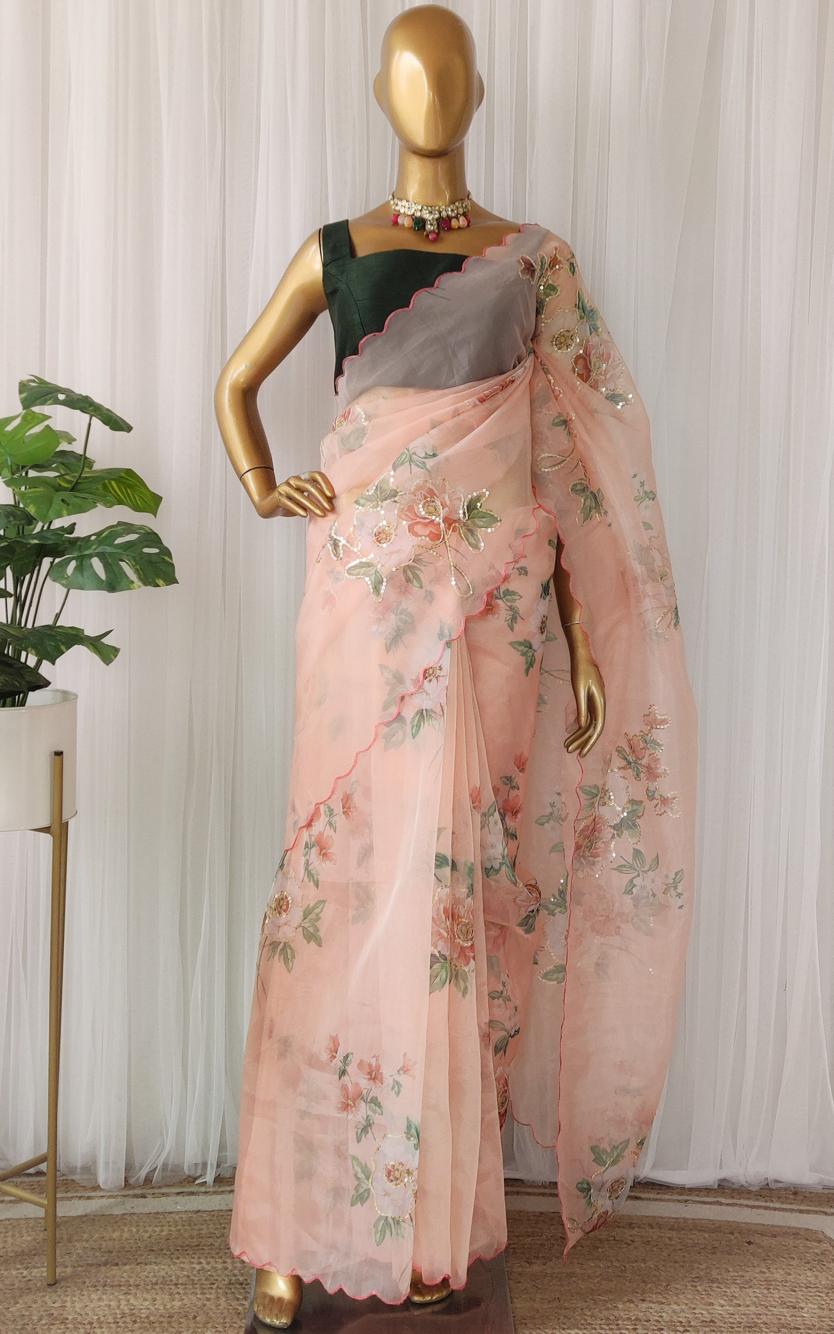 Peach Floral Sequinwork Organza Saree