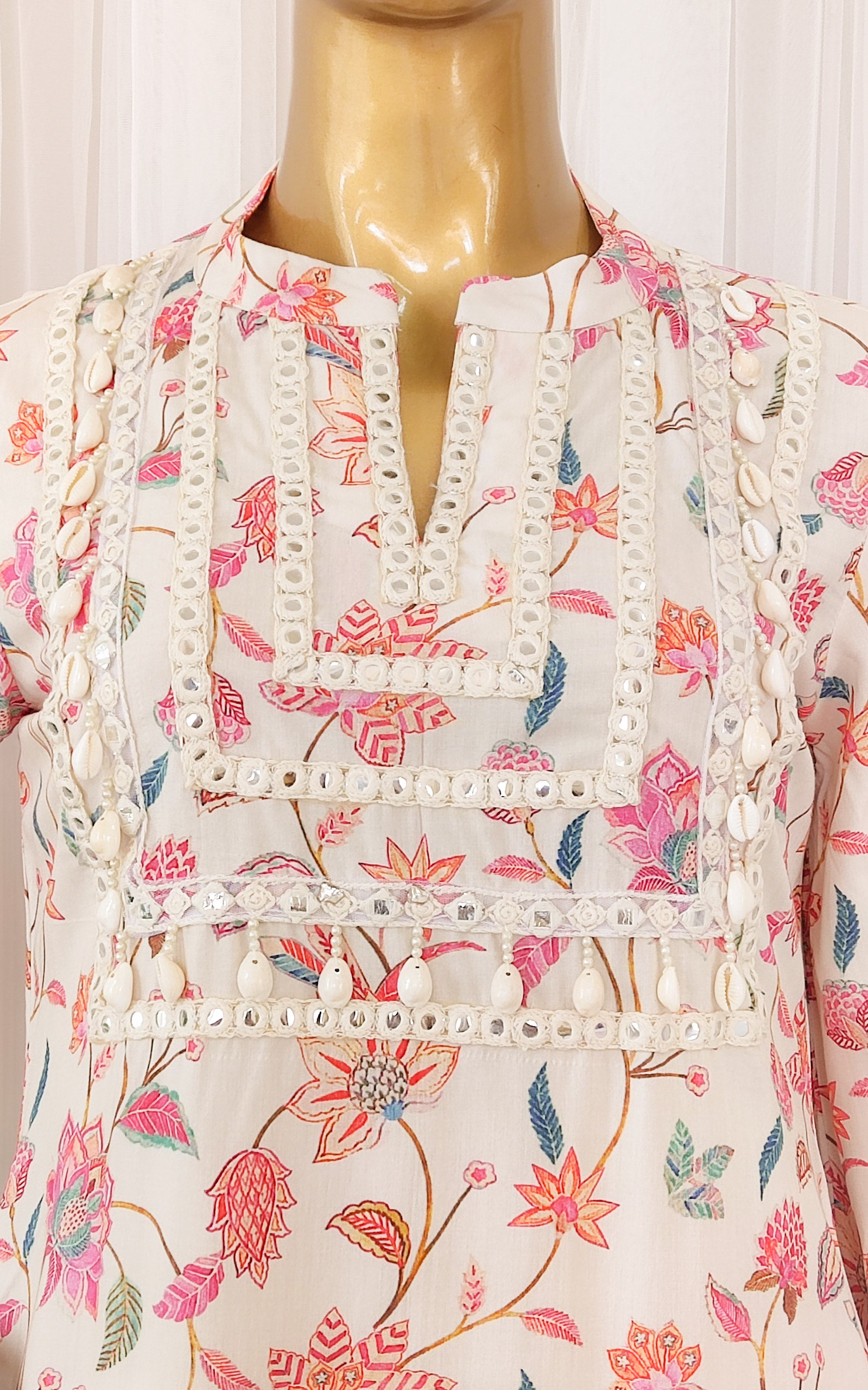 Off-White Vintage Print Mirrorwork Kurta Set