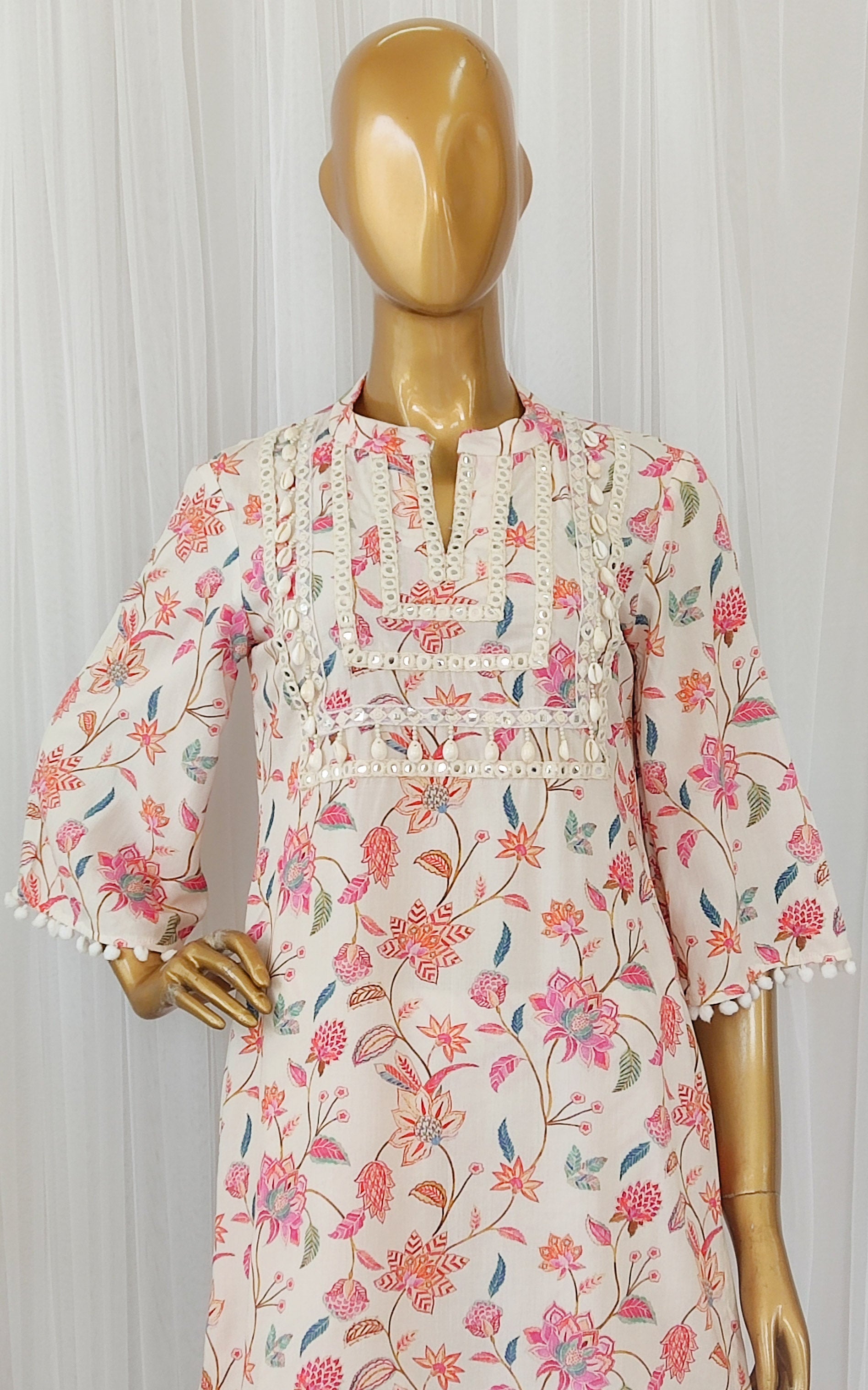 Off-White Vintage Print Mirrorwork Kurta Set