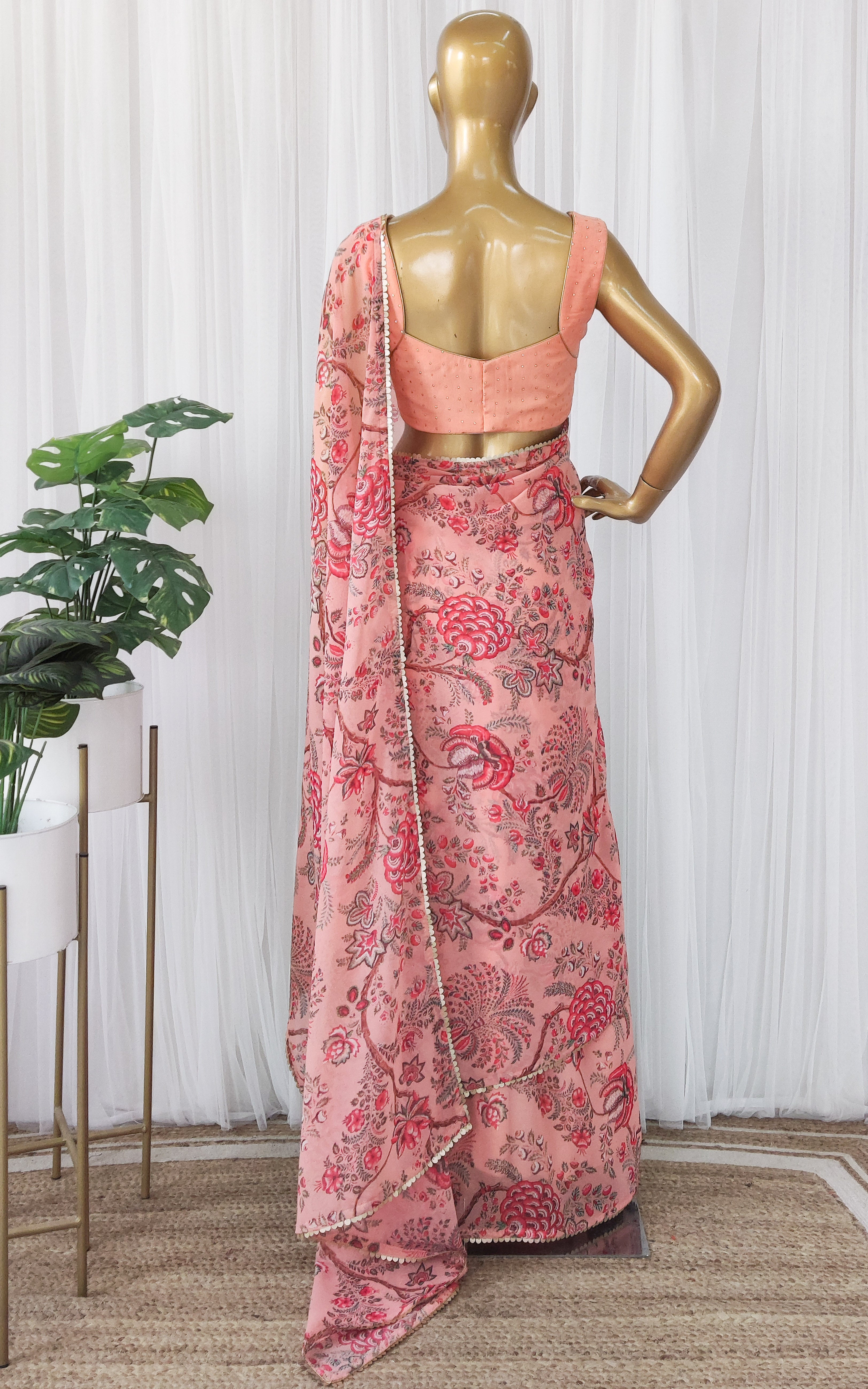 Peach Floral Georgette Saree with Mukaish Blouse