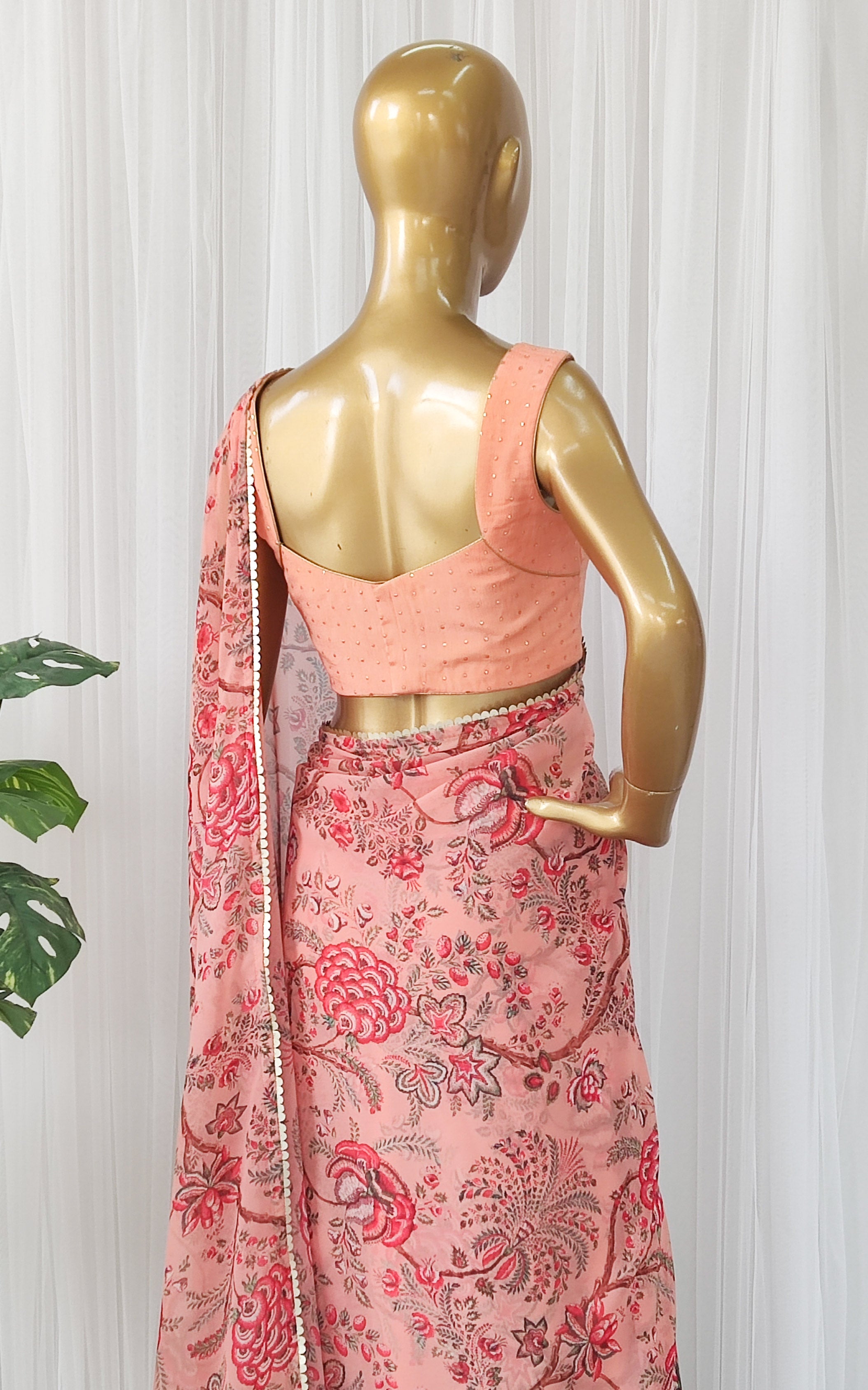 Peach Floral Georgette Saree with Mukaish Blouse