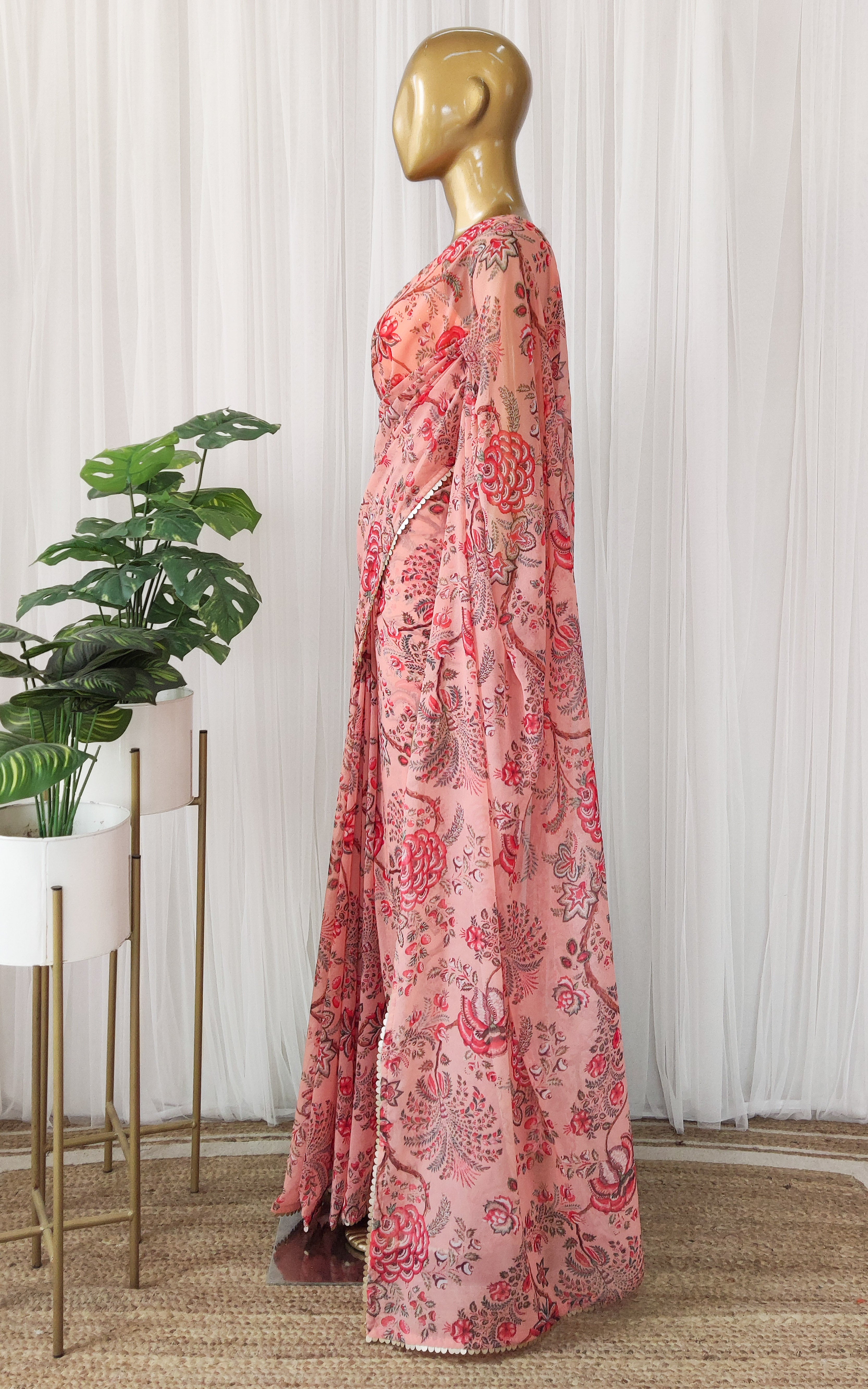 Peach Floral Georgette Saree with Mukaish Blouse