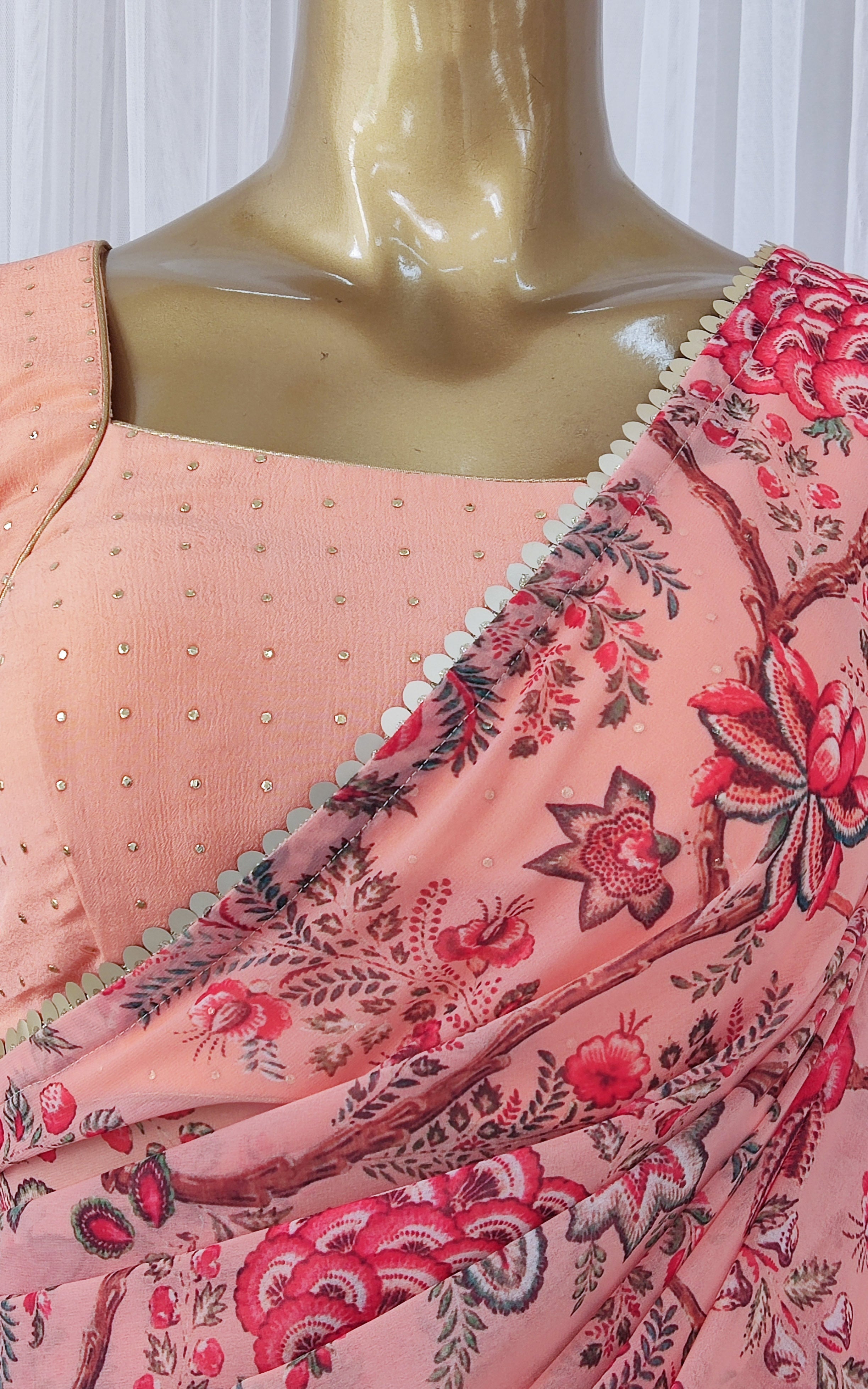 Peach Floral Georgette Saree with Mukaish Blouse