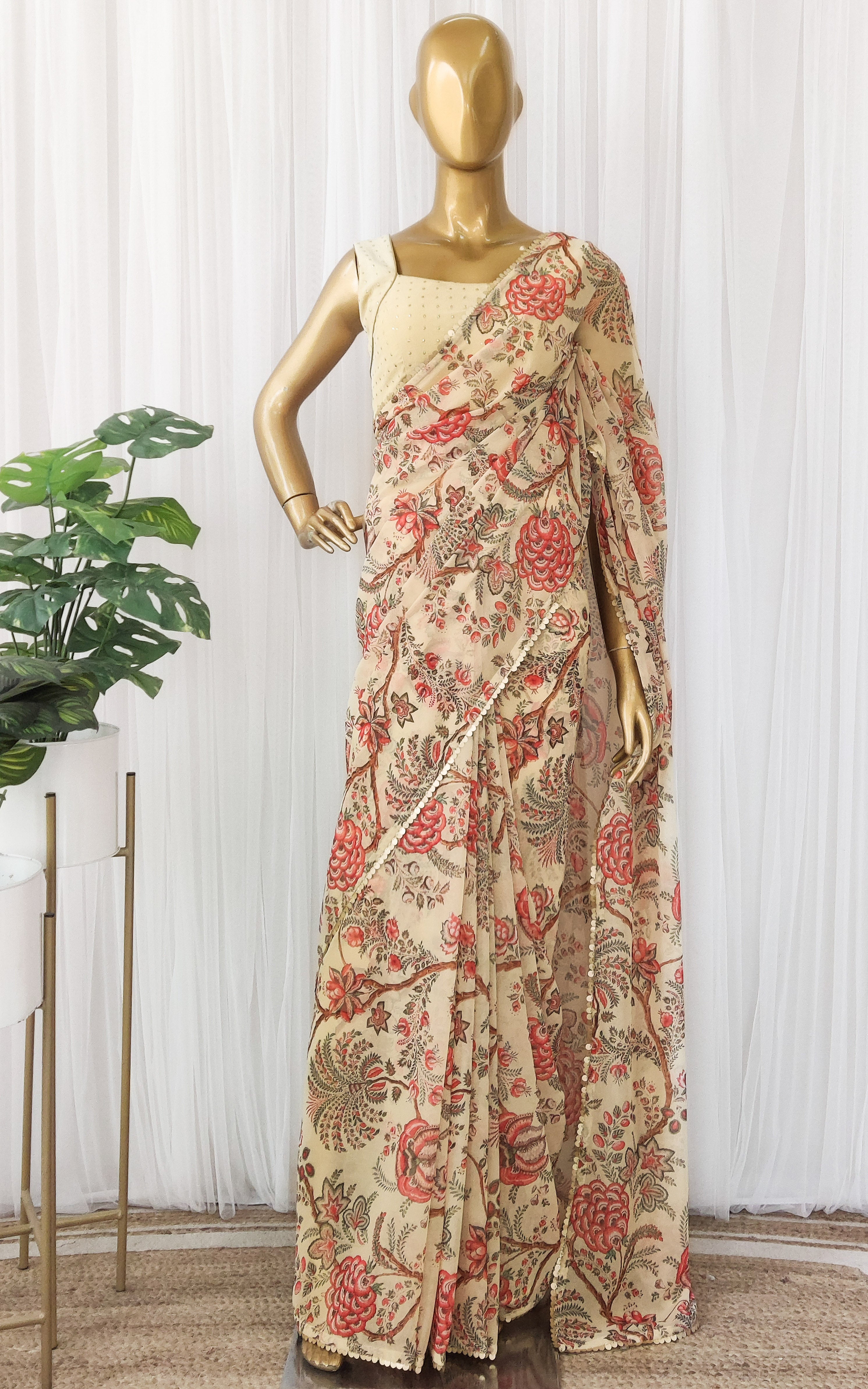 Beige Floral Georgette Saree with Mukaish Blouse