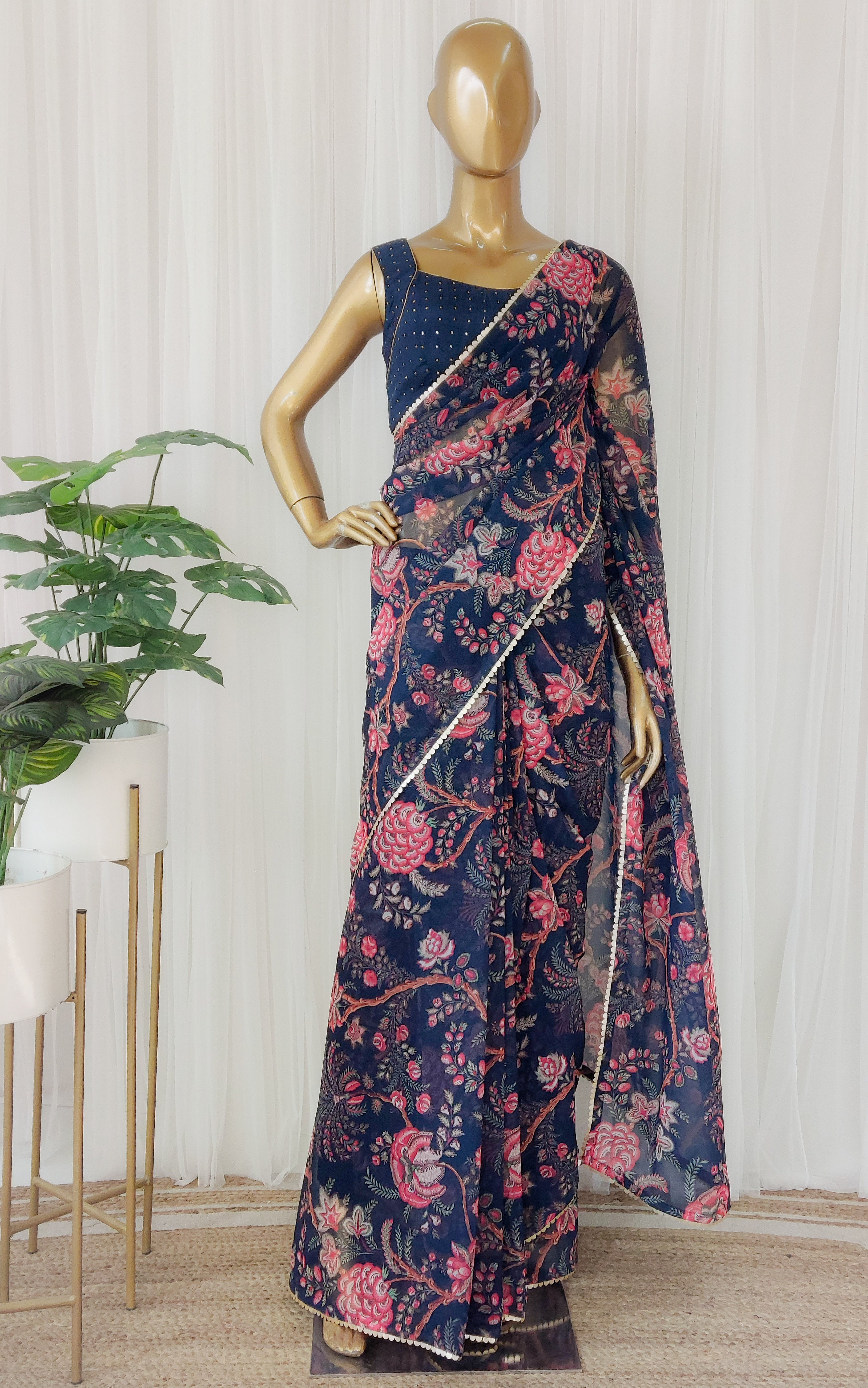 Navy Blue Floral Georgette Saree With Mukaish Blouse