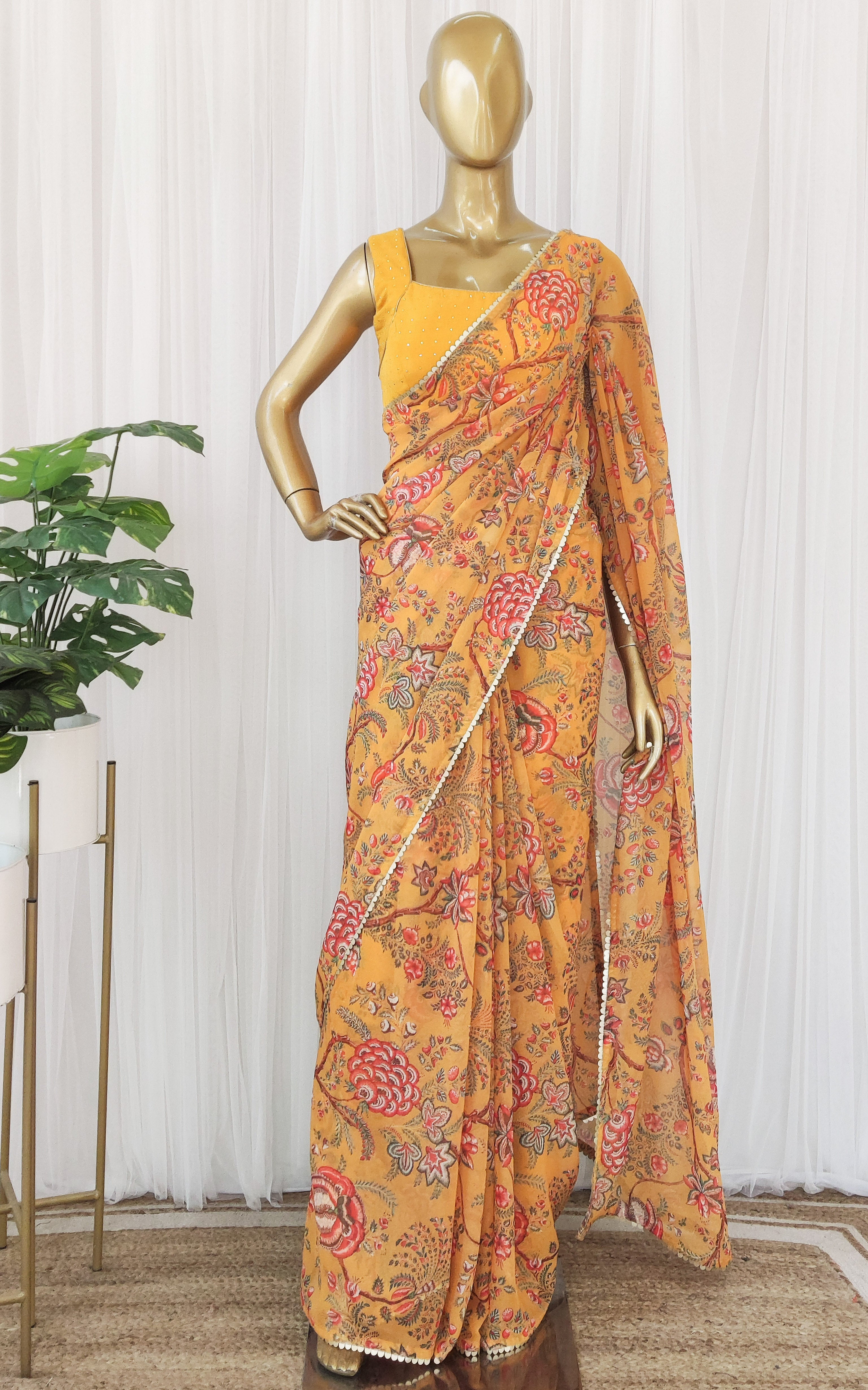 Mustard Floral Georgette Saree with Mukaish Blouse