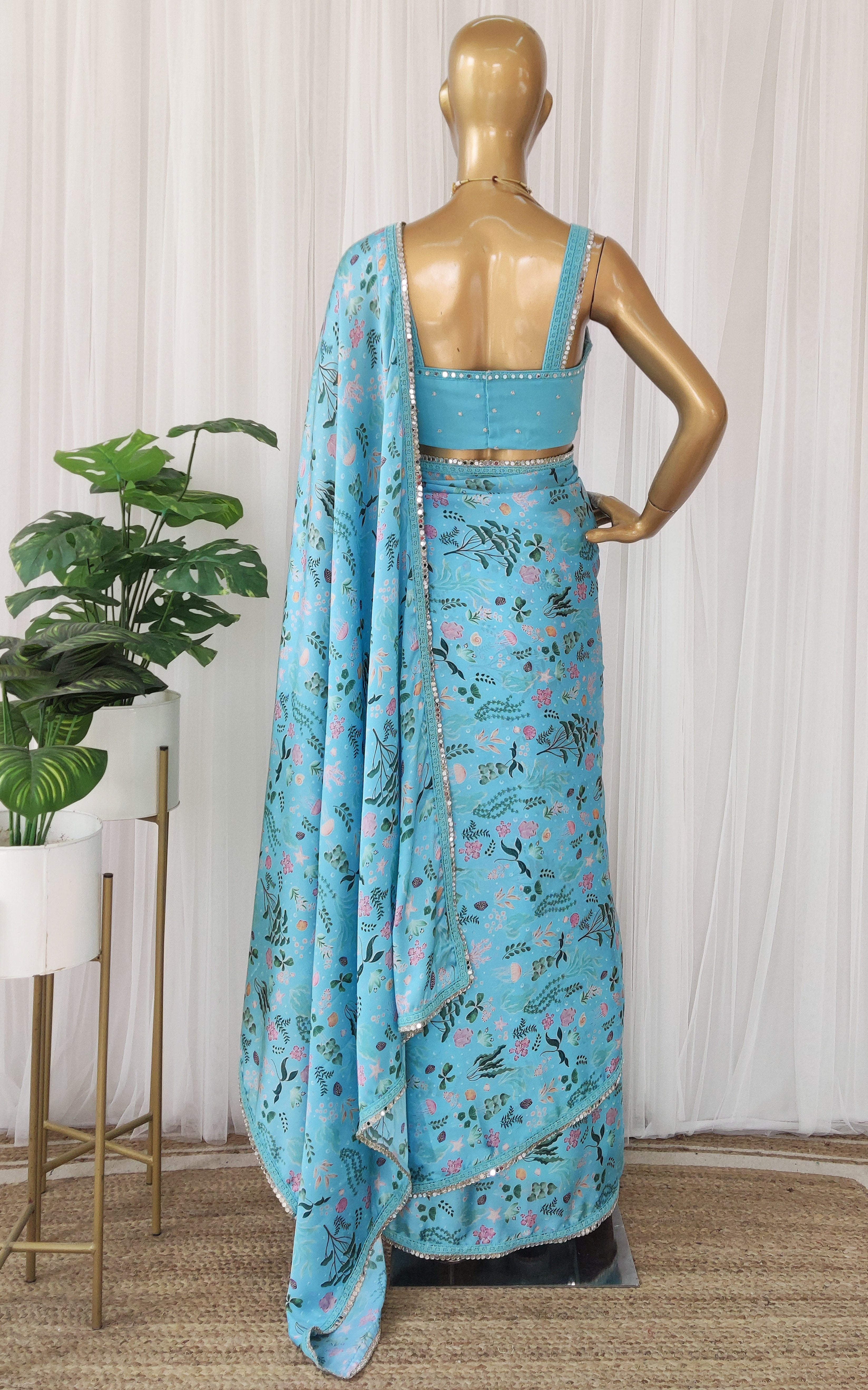 Turquoise Aquatic Print Satin Saree
