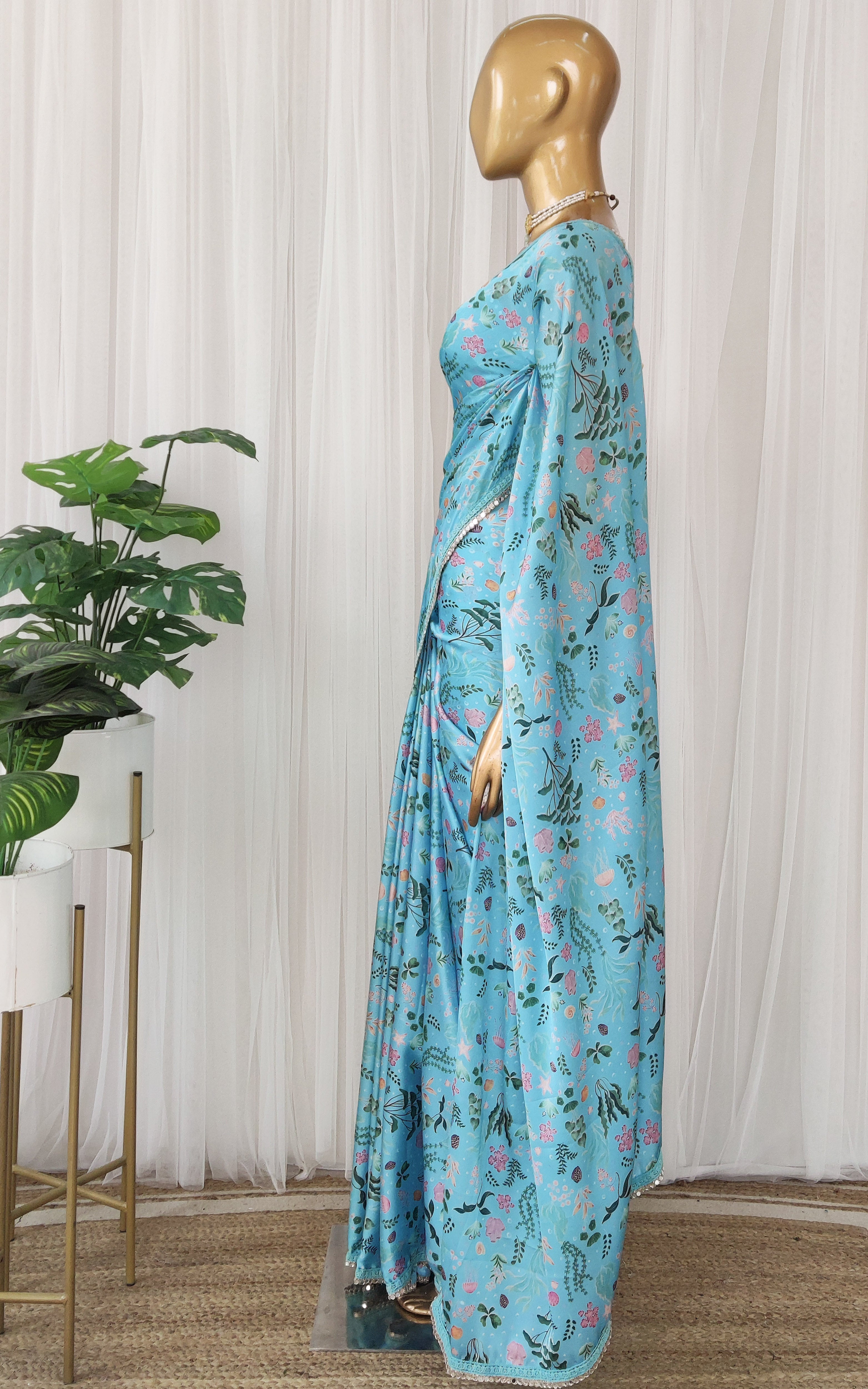 Turquoise Aquatic Print Satin Saree
