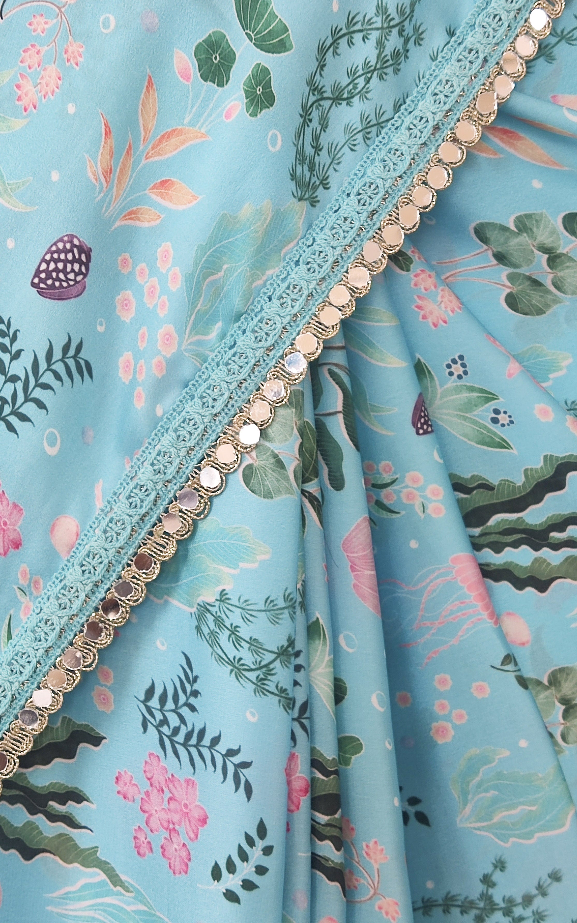Turquoise Aquatic Print Satin Saree