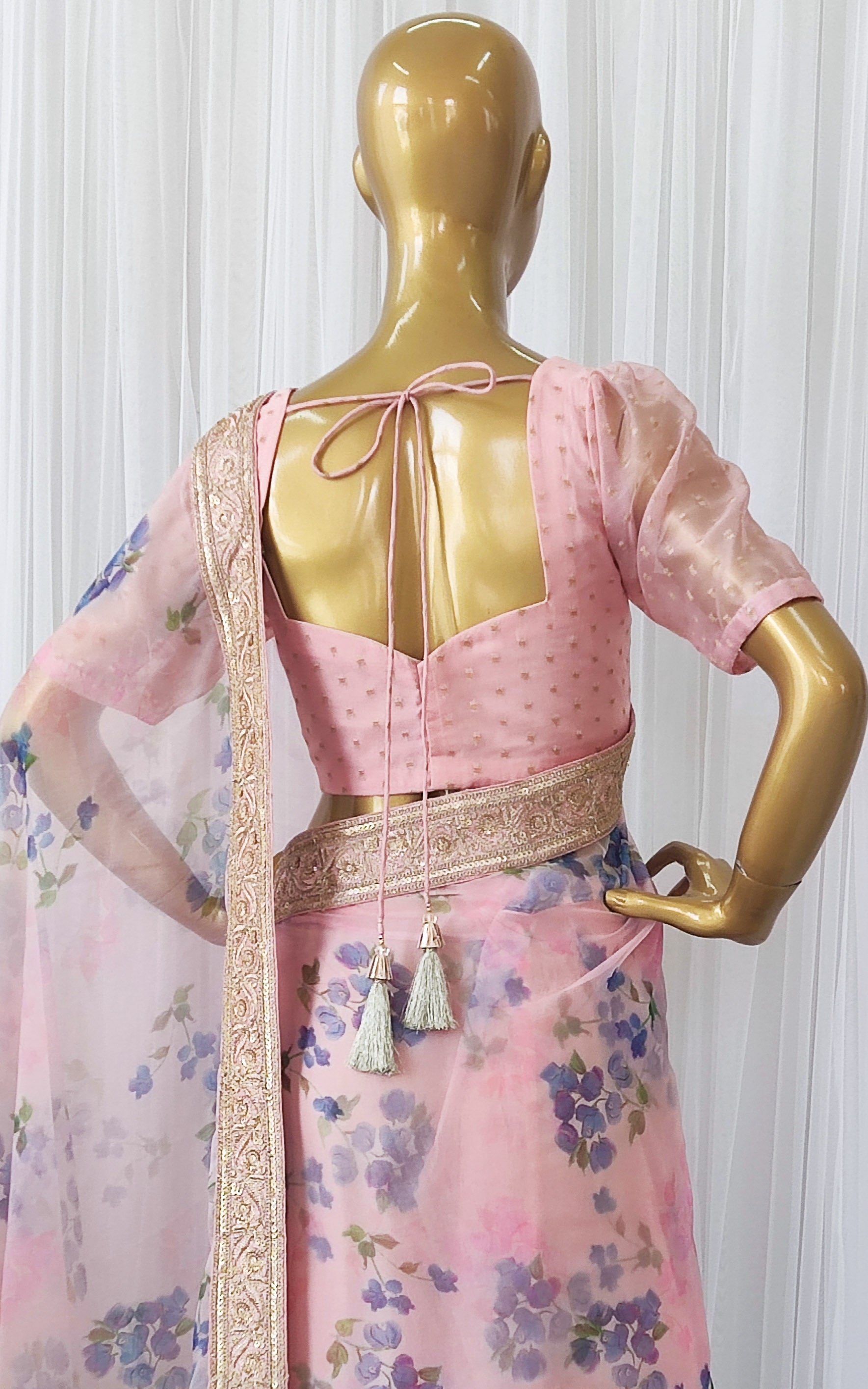 Pink & Blue Floral Organza Saree With Zari Lace Border