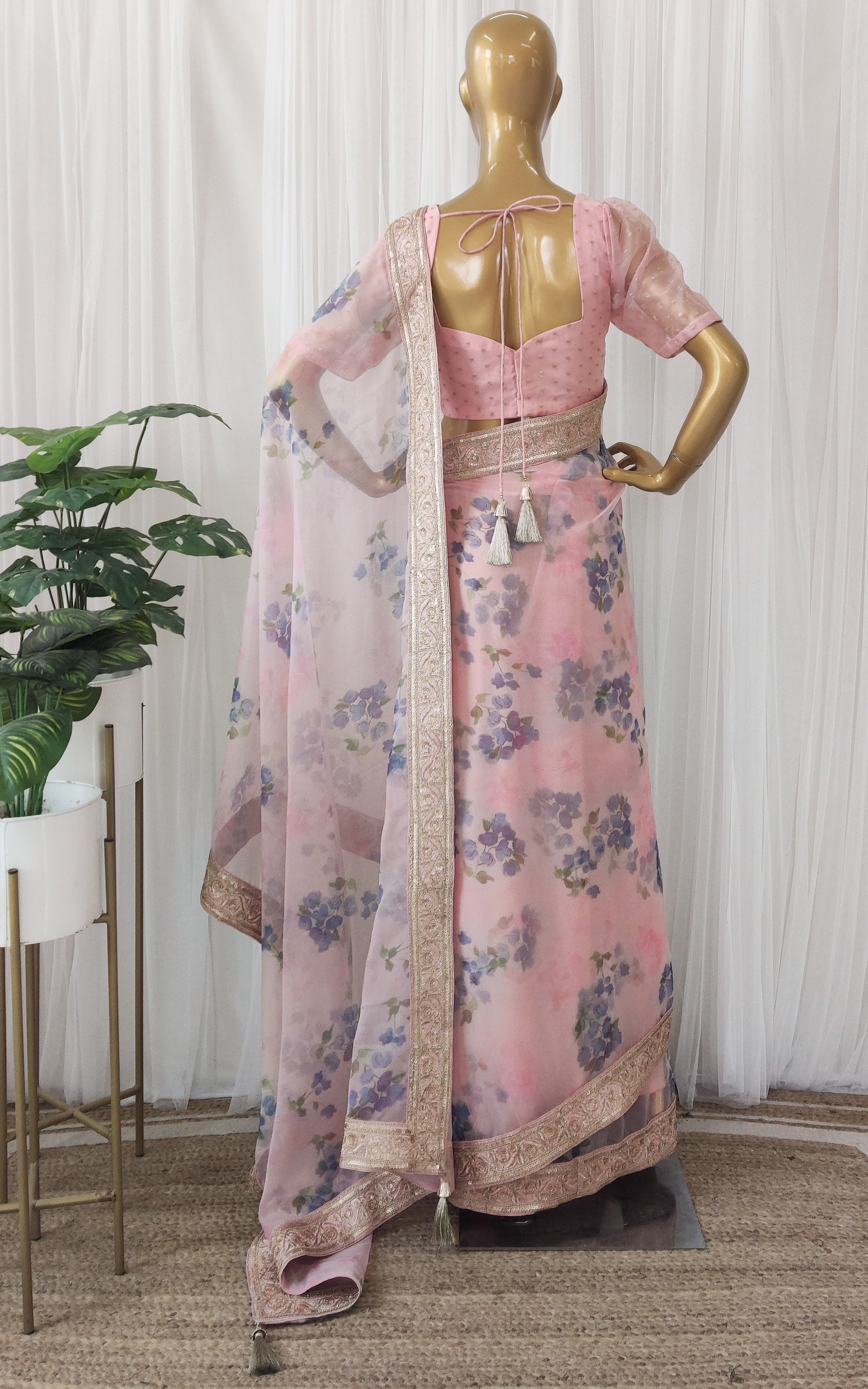 Pink & Blue Floral Organza Saree With Zari Lace Border
