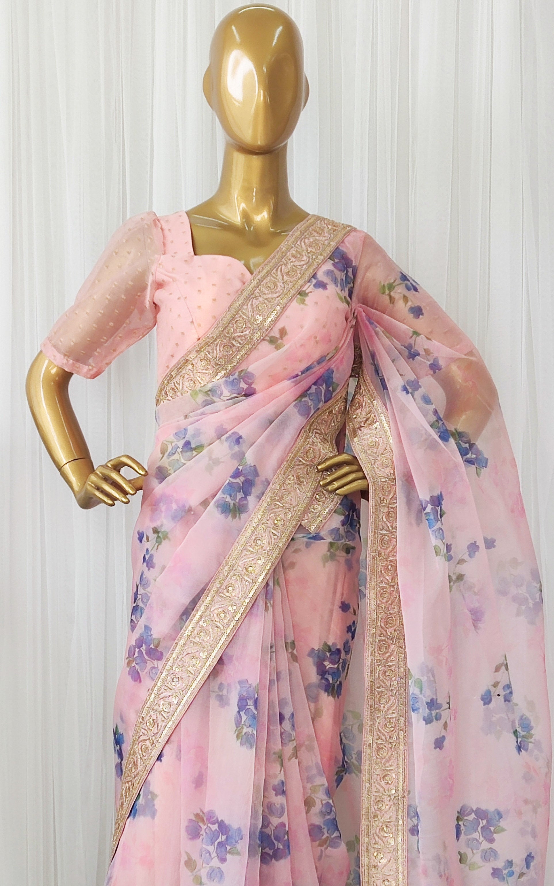 Pink & Blue Floral Organza Saree With Zari Lace Border