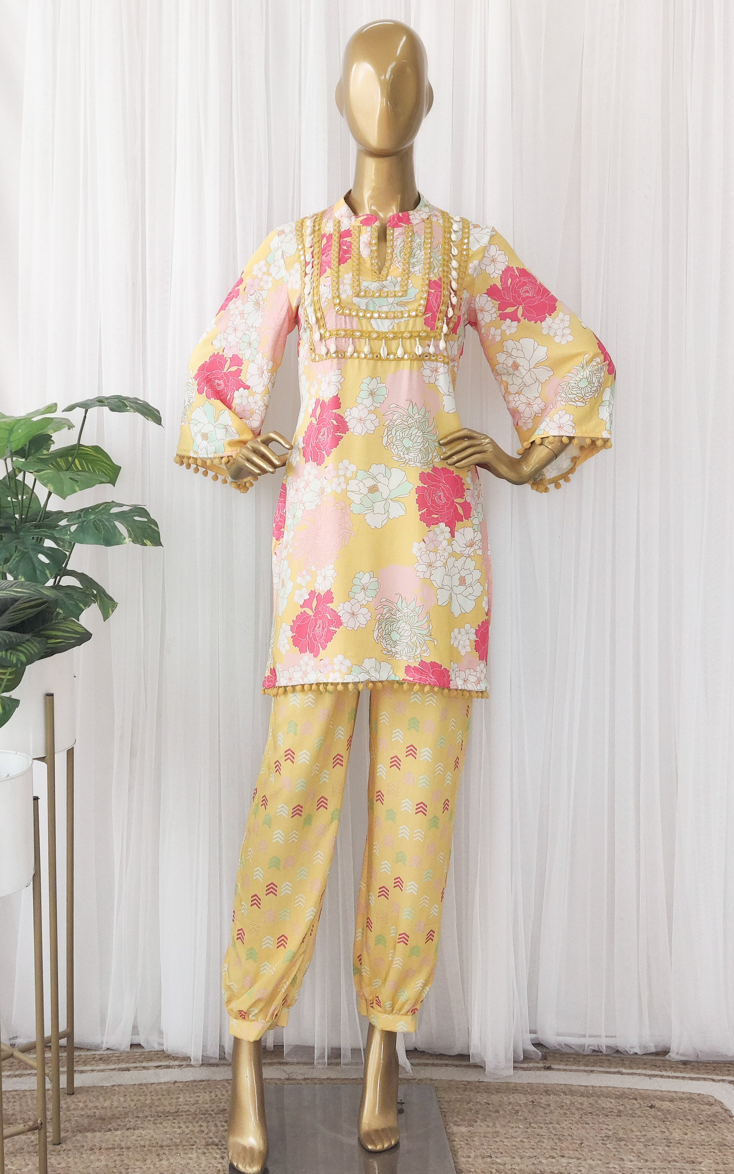 Yellow Printed Mirrorwork Co-ord Set