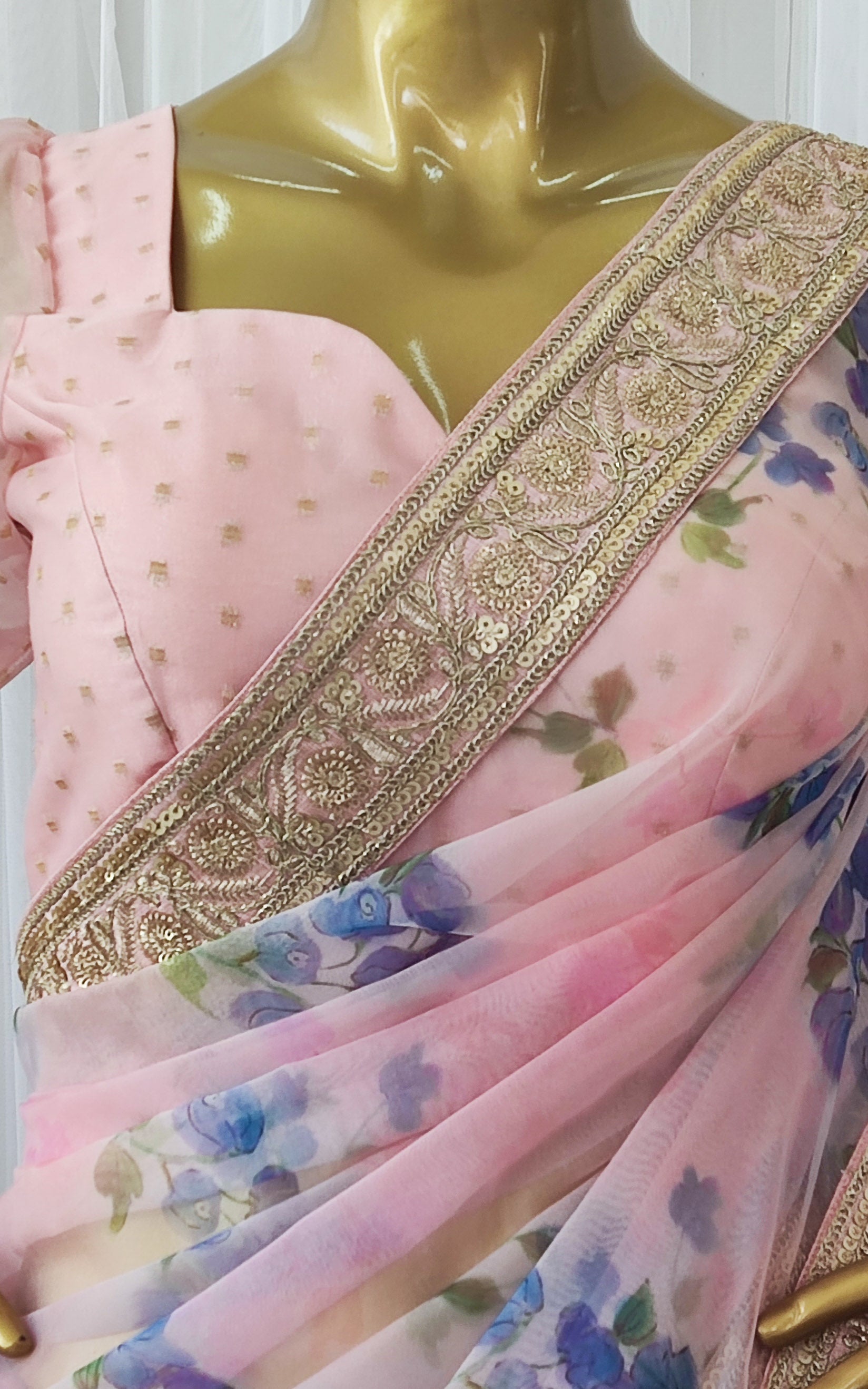 Pink & Blue Floral Organza Saree With Zari Lace Border