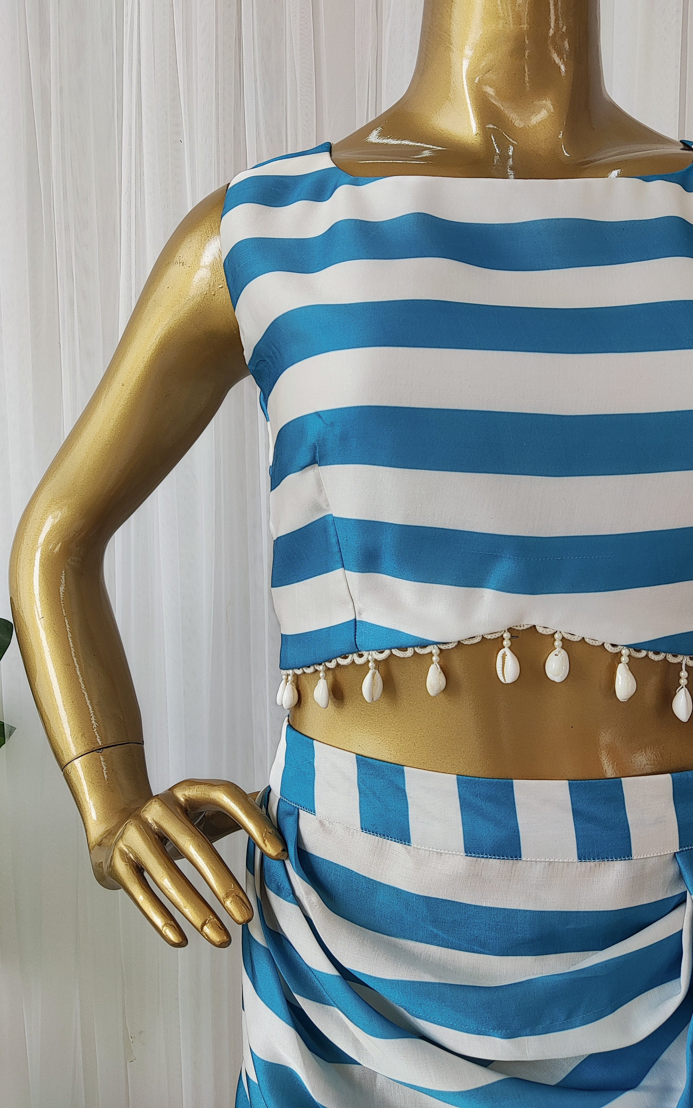 Teal Blue Striped Crop Top & Draped Skirt Co-ord Set