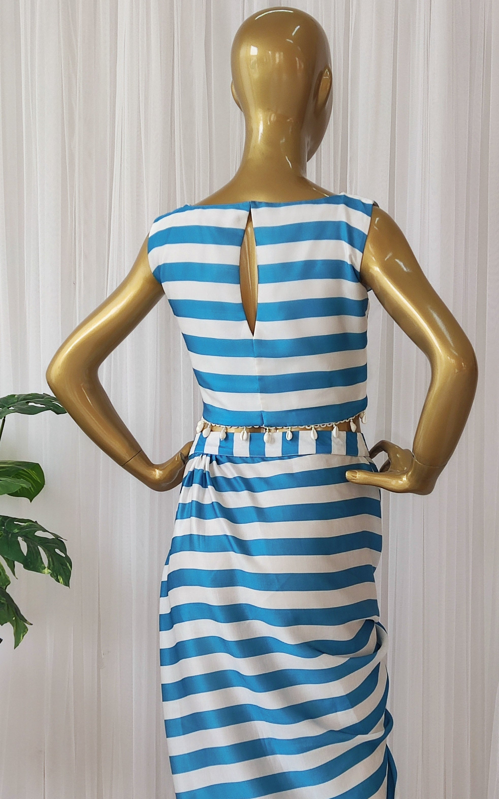 Teal Blue Striped Crop Top & Draped Skirt Co-ord Set