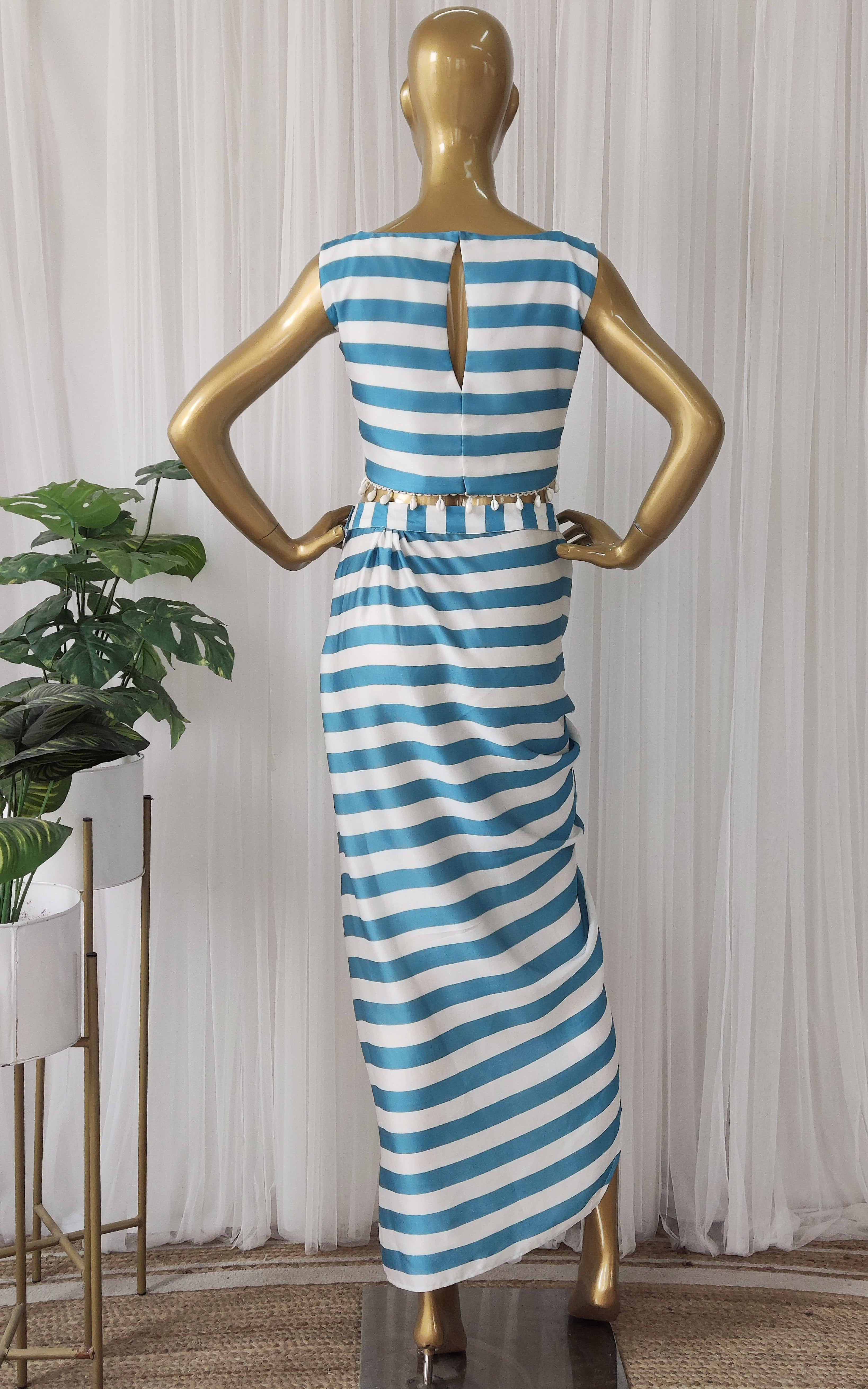 Teal Blue Striped Crop Top & Draped Skirt Co-ord Set