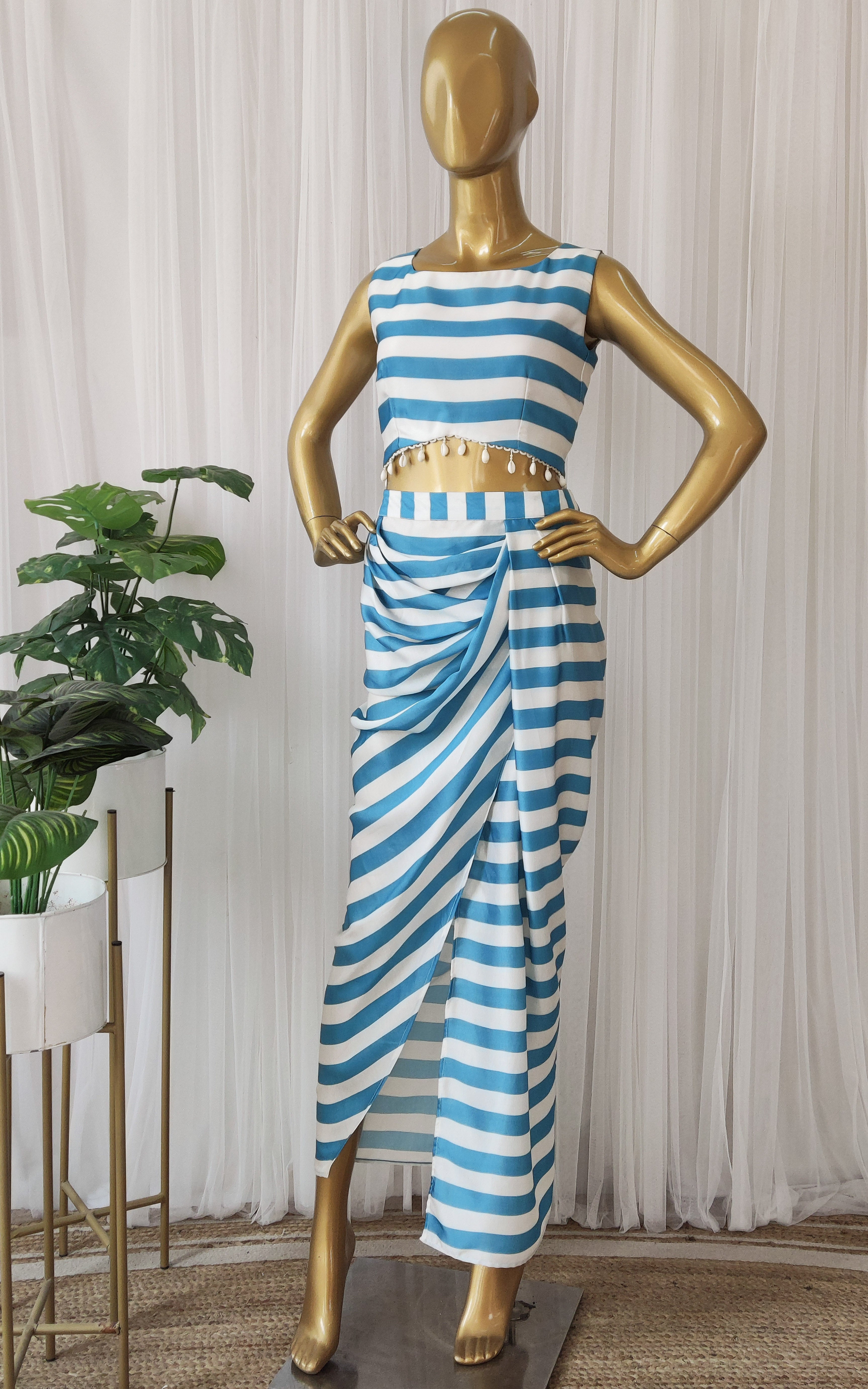 Teal Blue Striped Crop Top & Draped Skirt Co-ord Set
