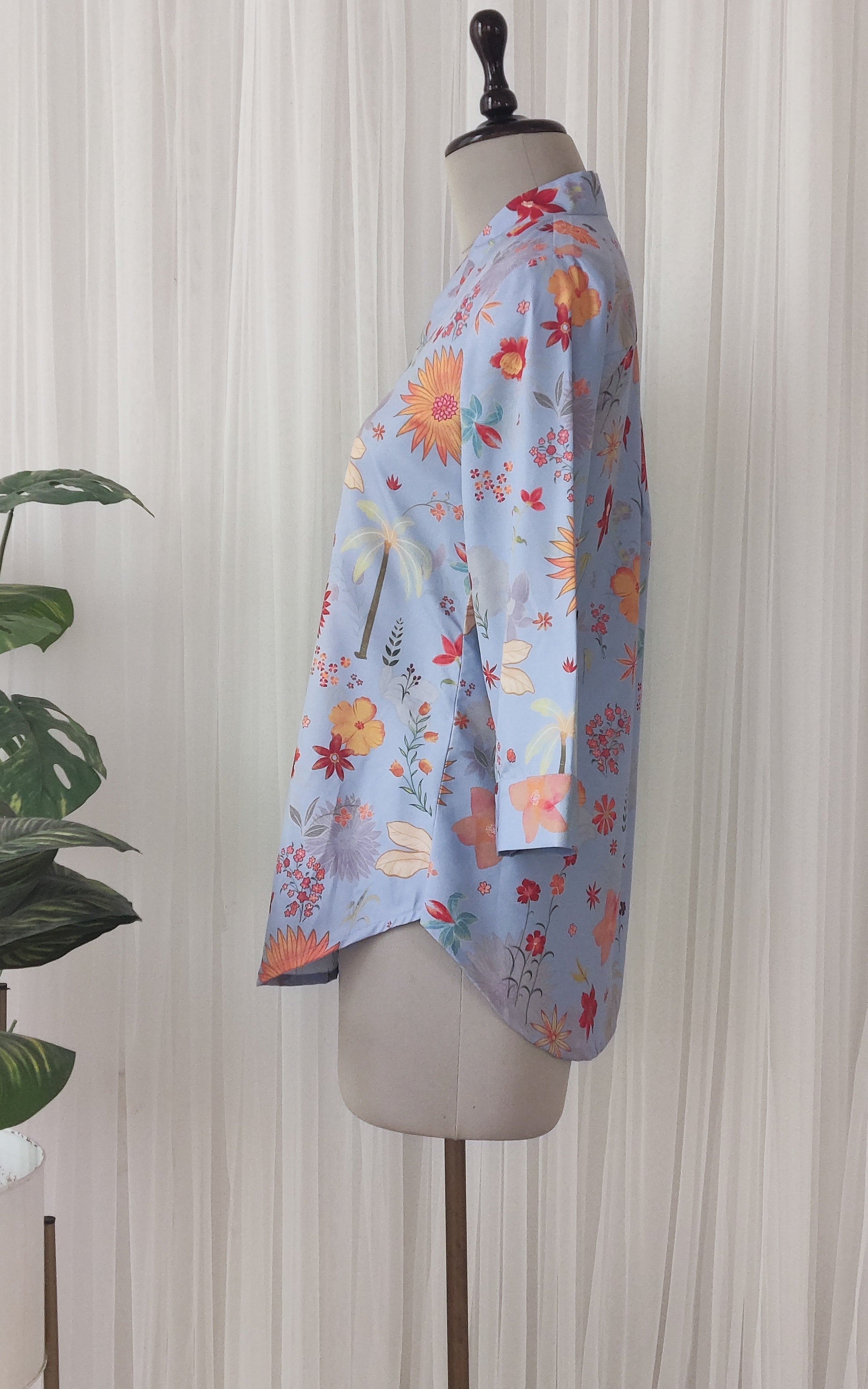 Grey Tropical Print Crepe Top