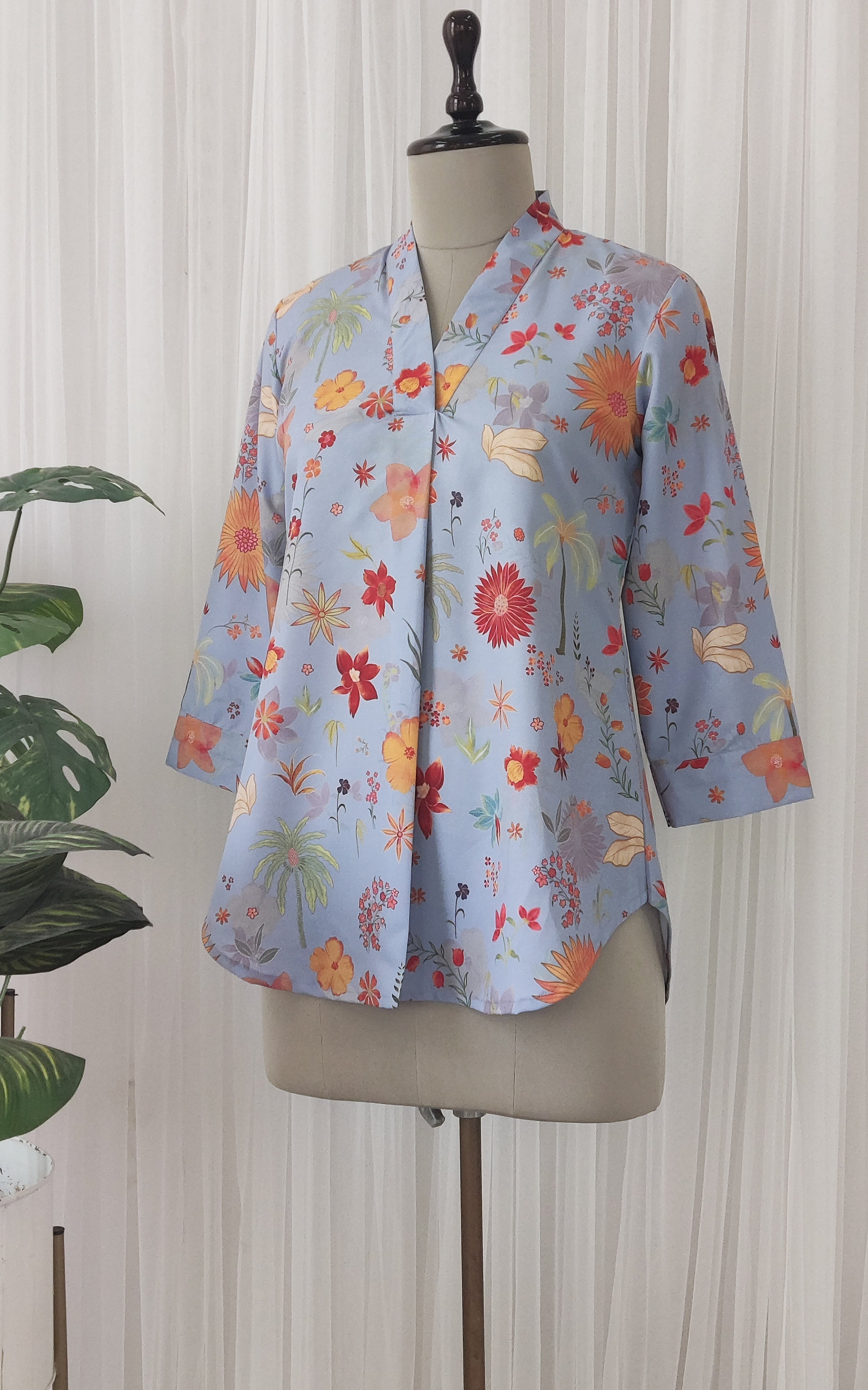 Grey Tropical Print Crepe Top