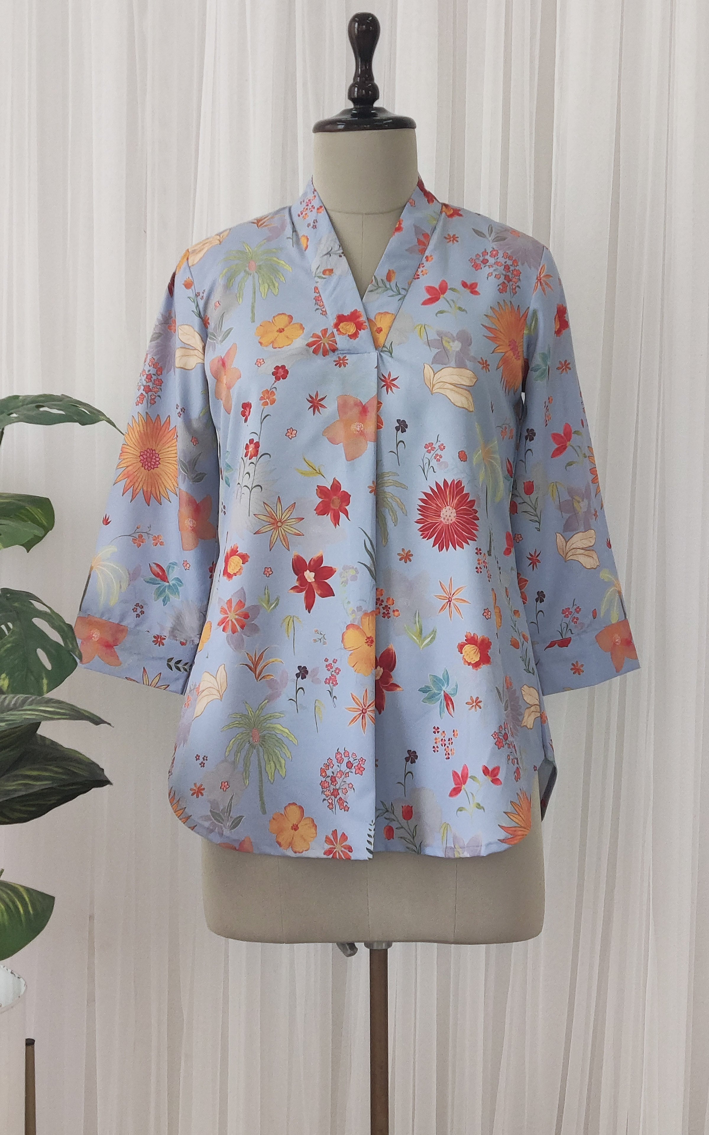 Grey Tropical Print Crepe Top