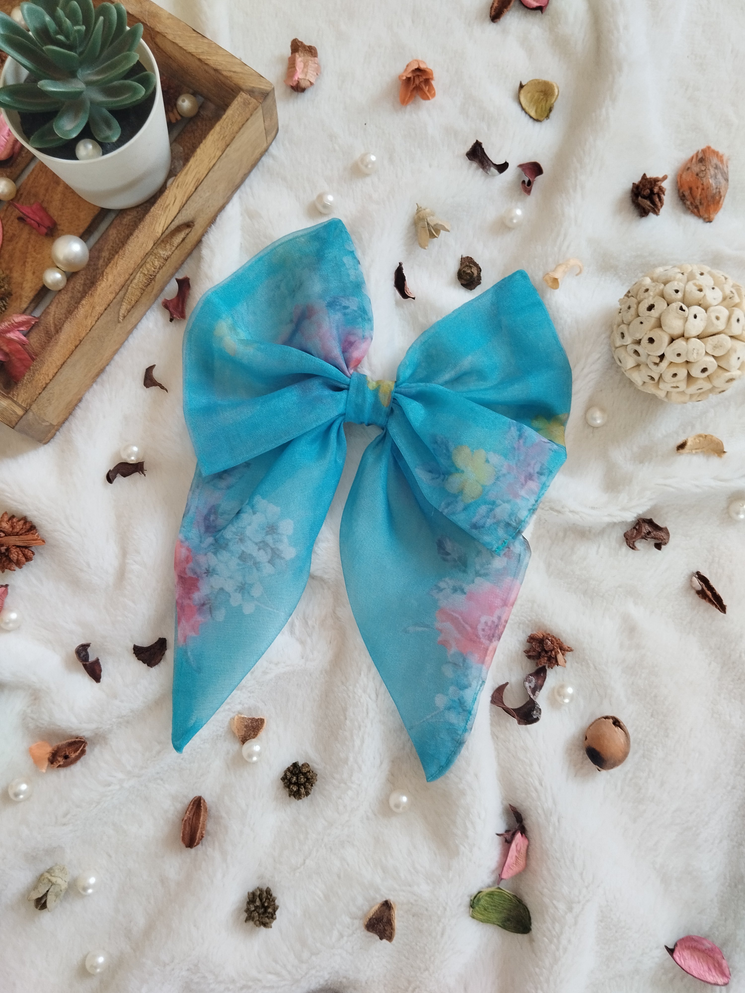 Sky Blue Pink Floral  Printed Organza Short Bow