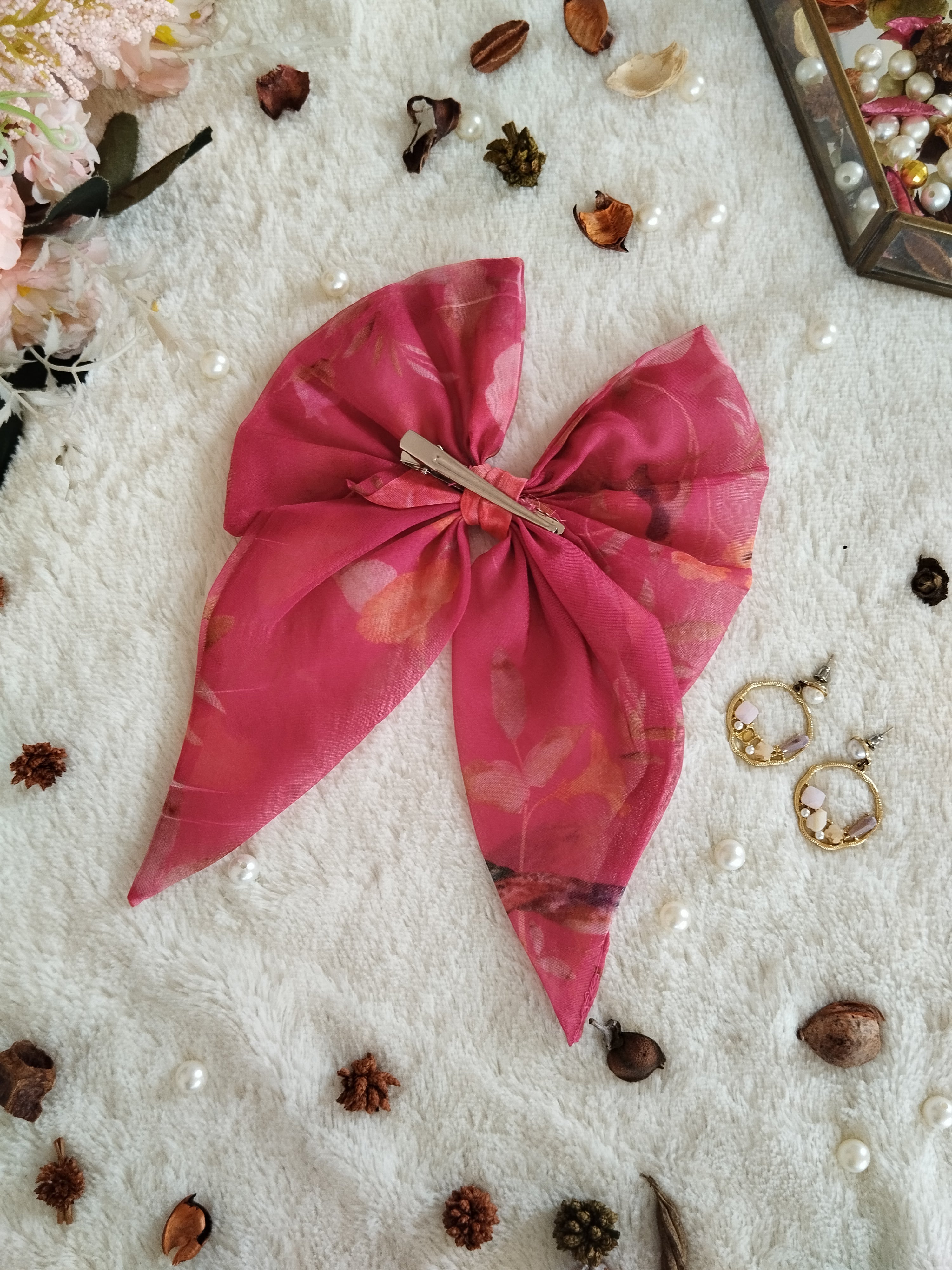 Fuschia Pink Flower print Organza Short Bow