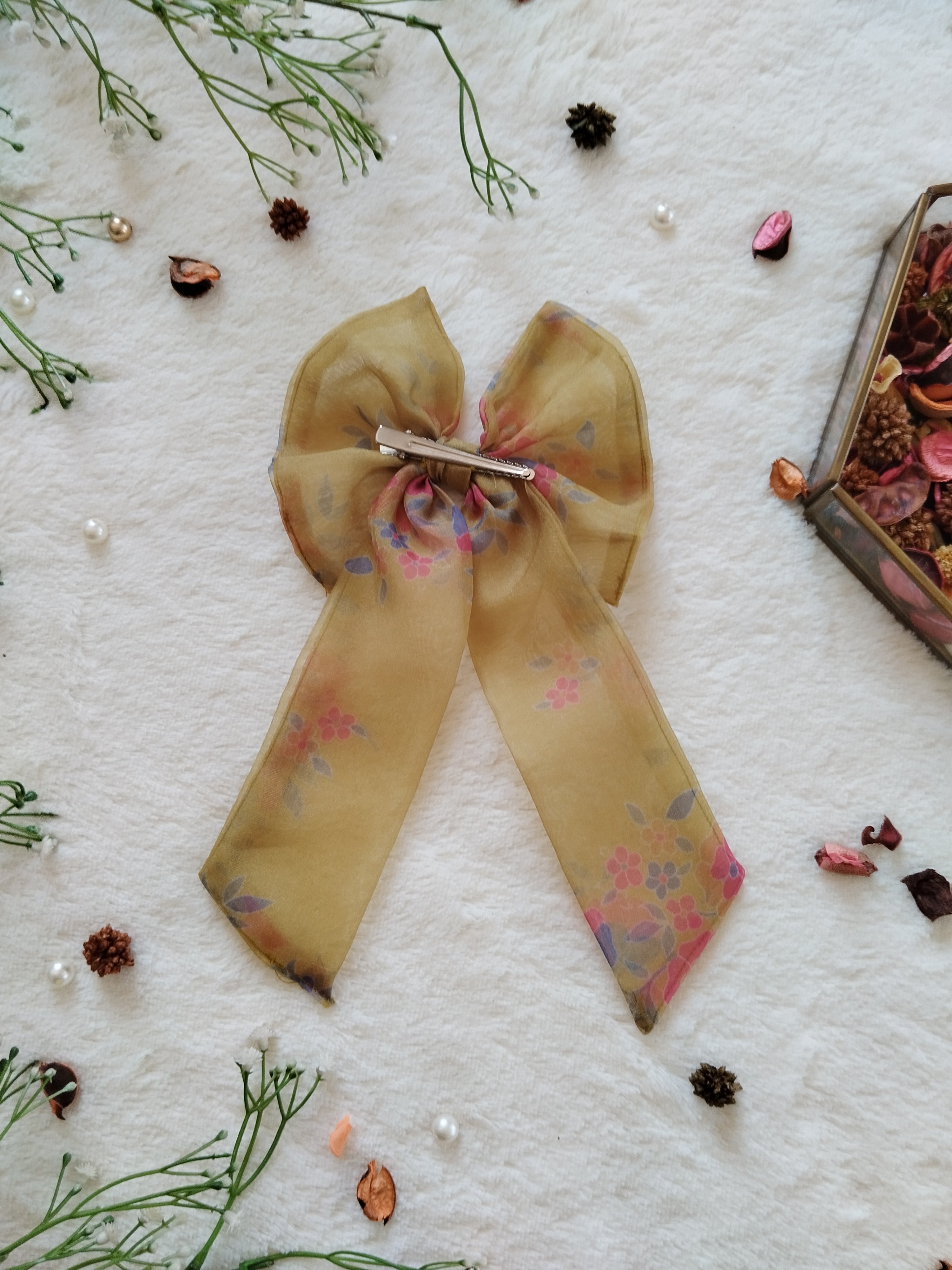 Henna Green Pink Flowers Printed Organza Long Bow