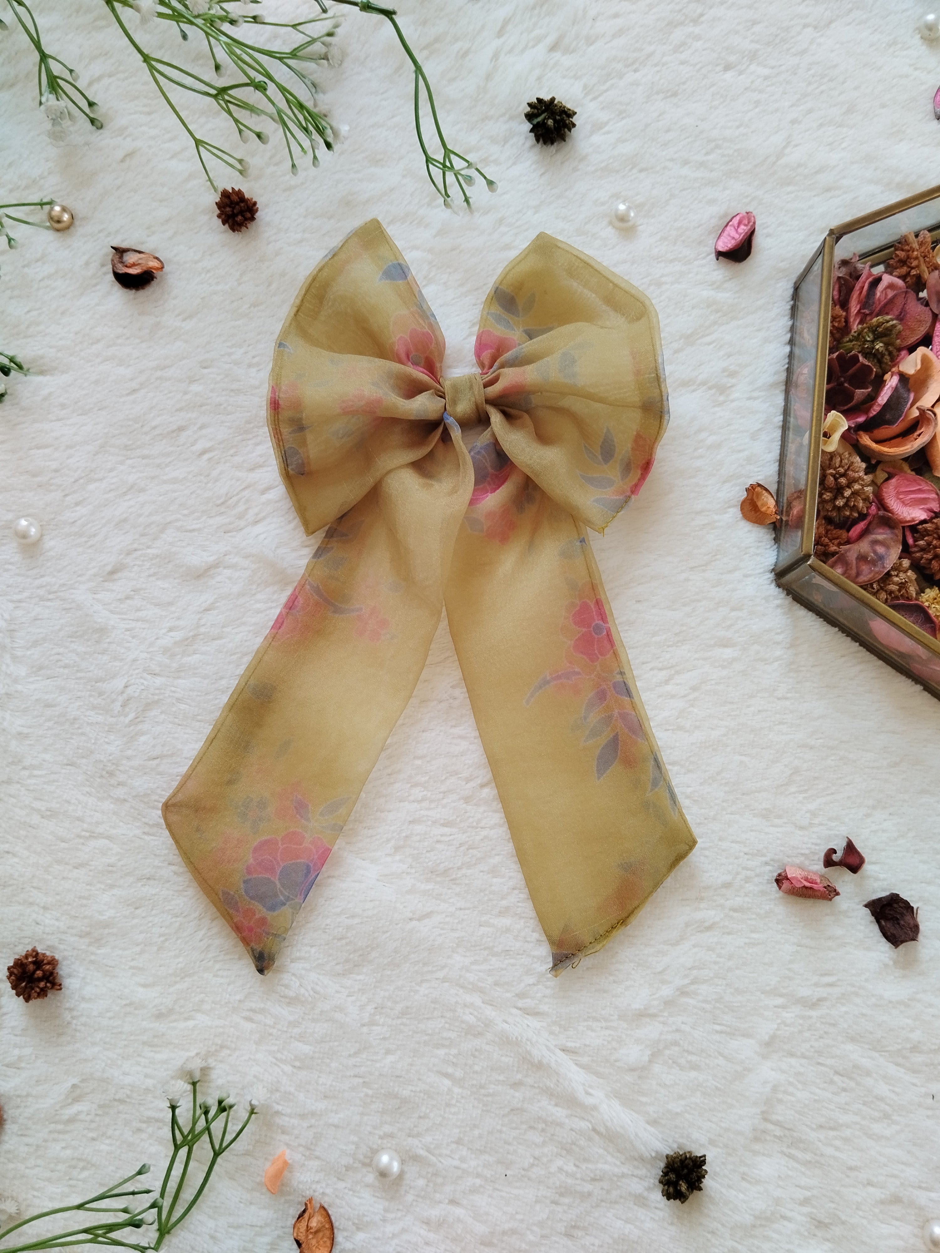 Henna Green Pink Flowers Printed Organza Long Bow