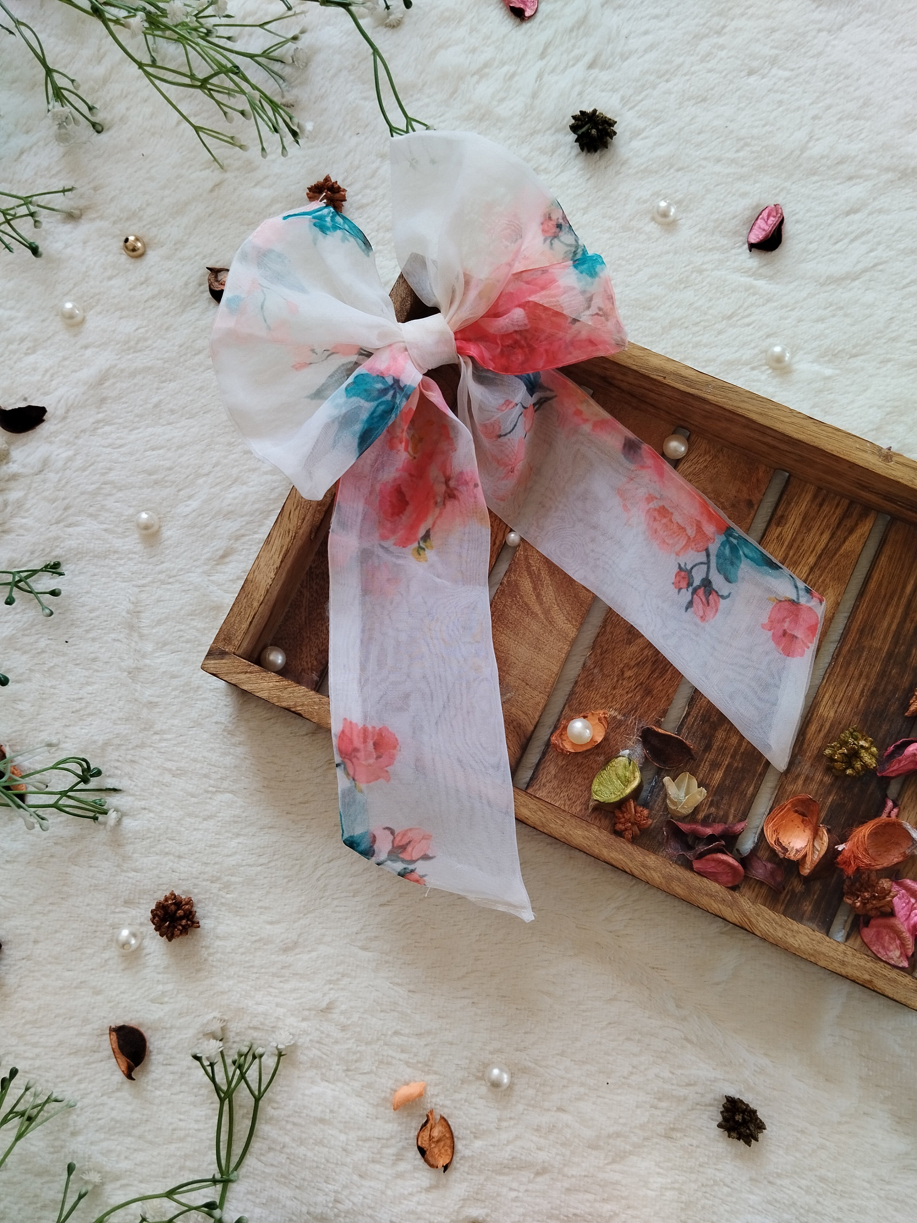 Off White Floral Organza Long Bow