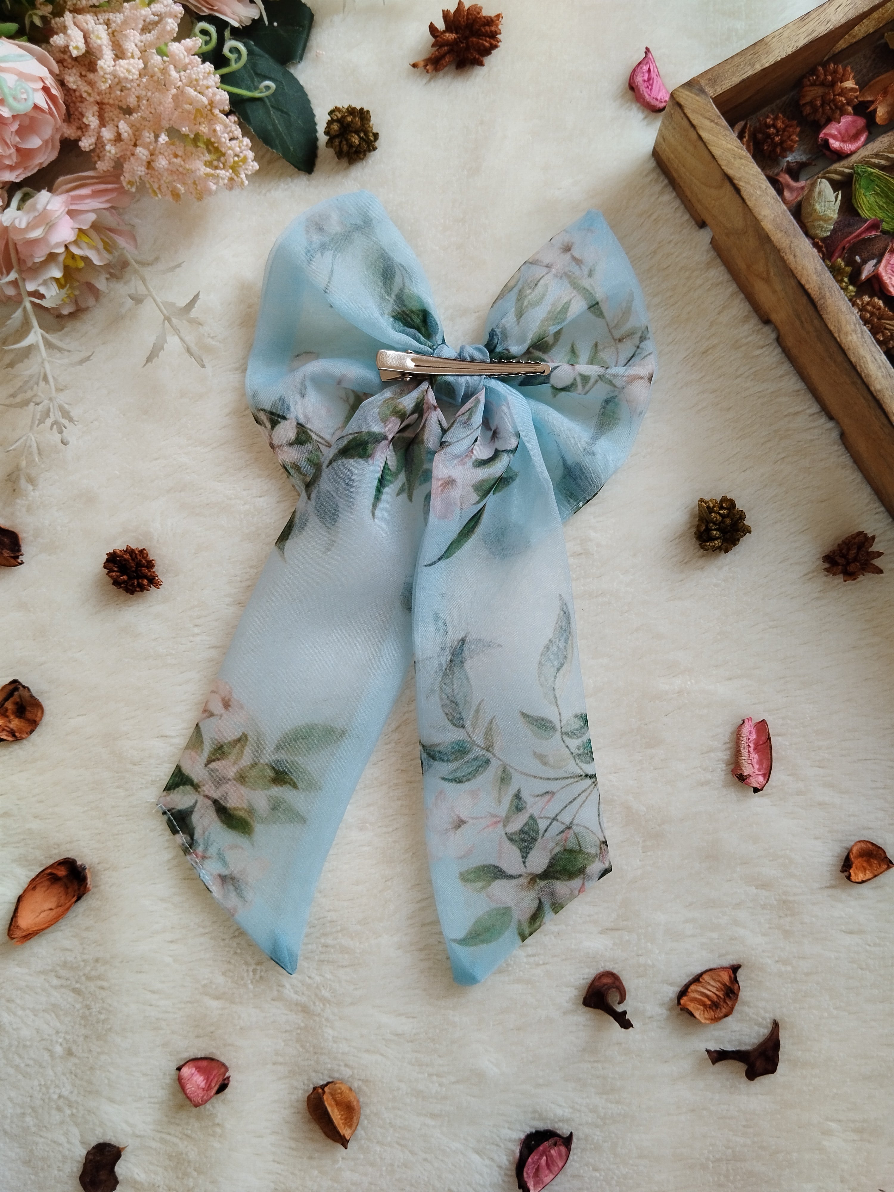 Powder Blue Printed Organza Long Bow