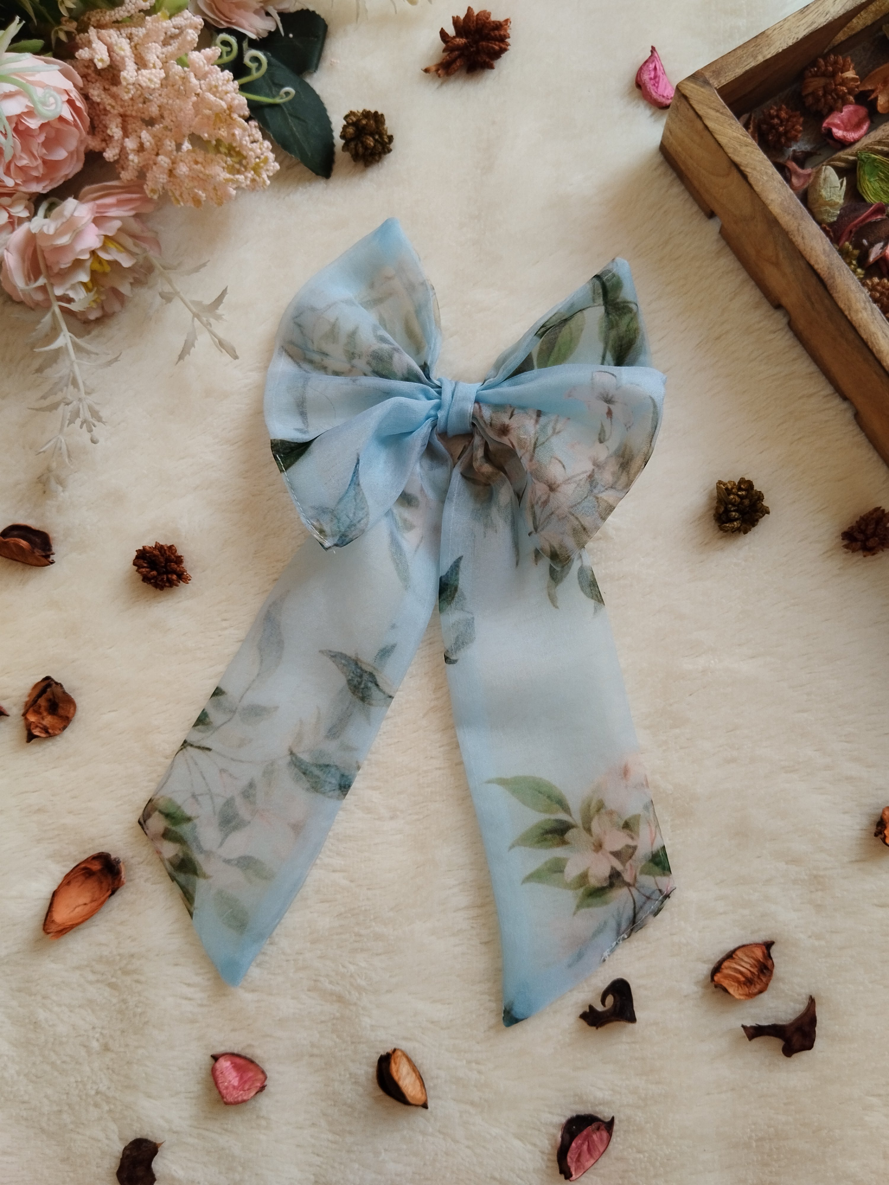 Powder Blue Printed Organza Long Bow