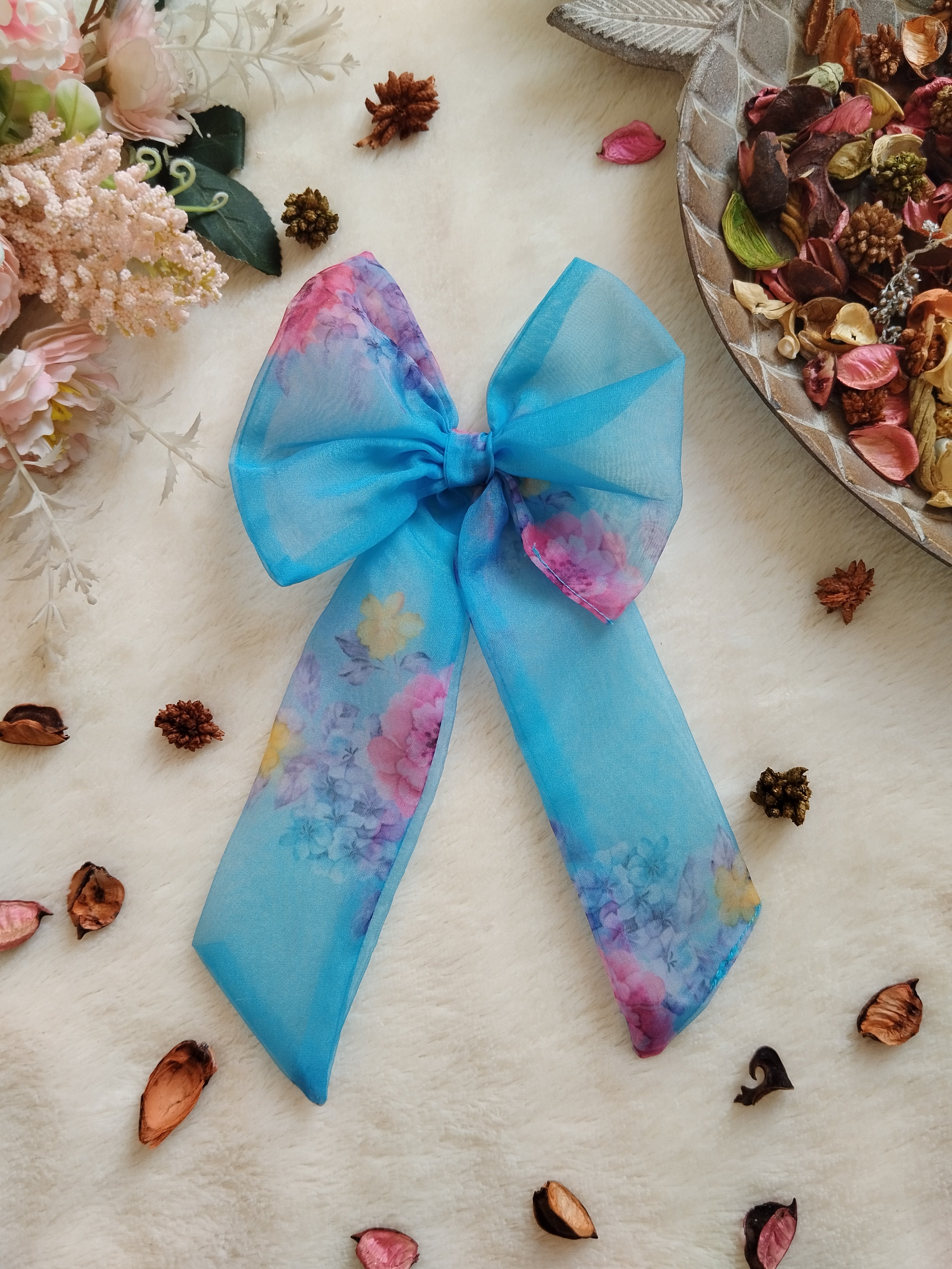 Sky Blue Pink Floral Organza Long Bow