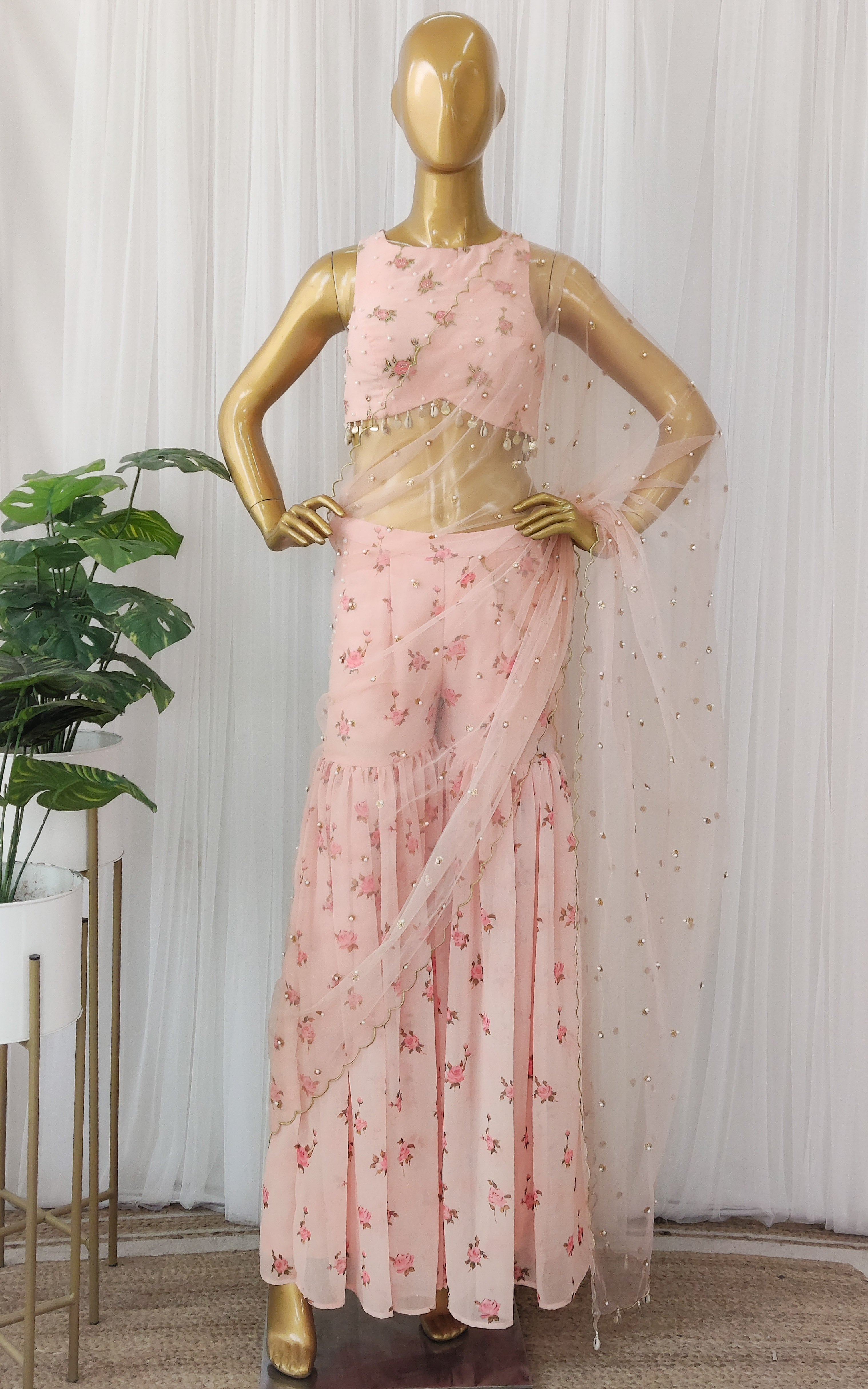 Ankita Arora Desert Rose Sharara Saree with Pearl Handwork Crop-top