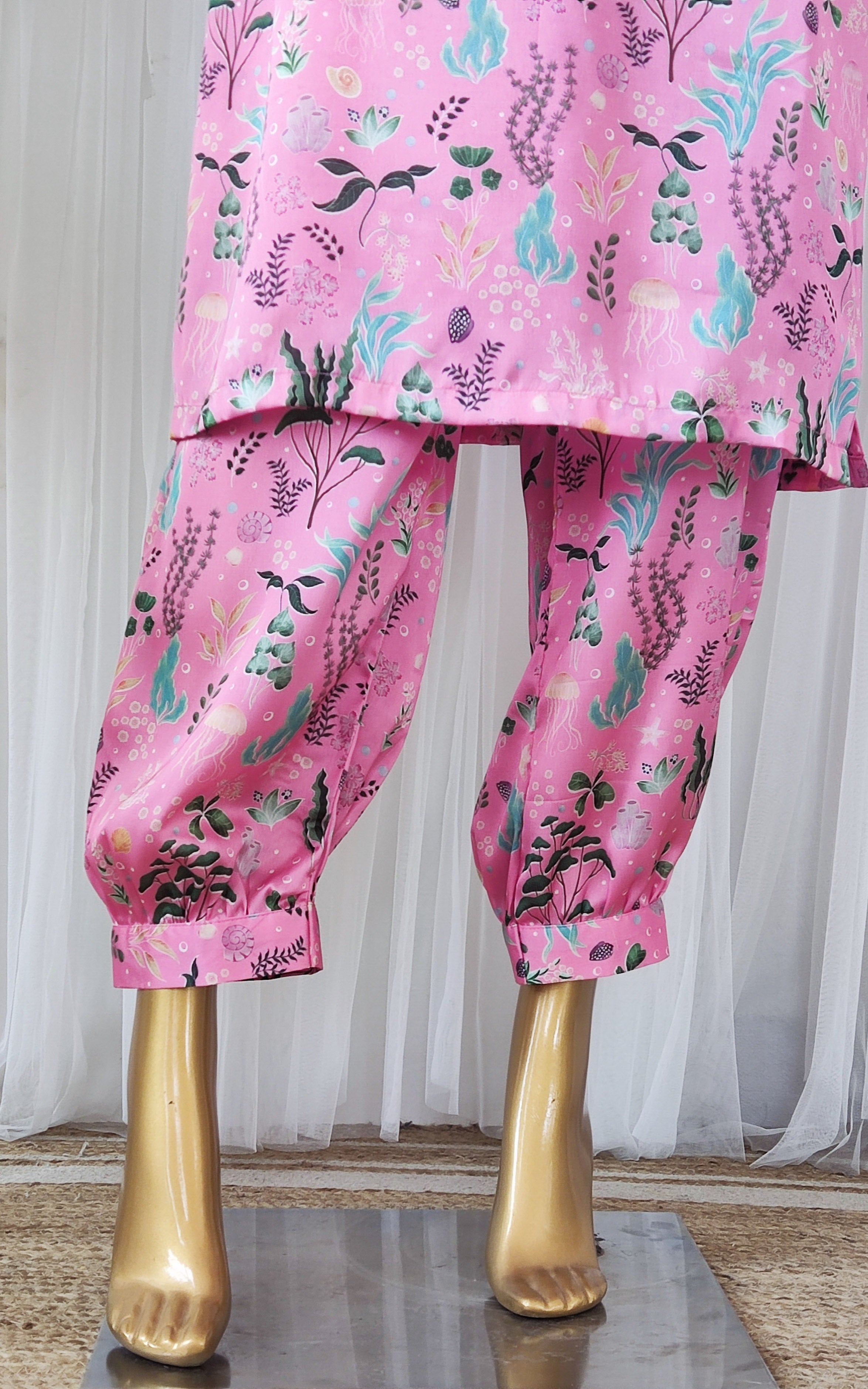 Baby Pink Aquatic Print Kurta Pant Co-ord Set