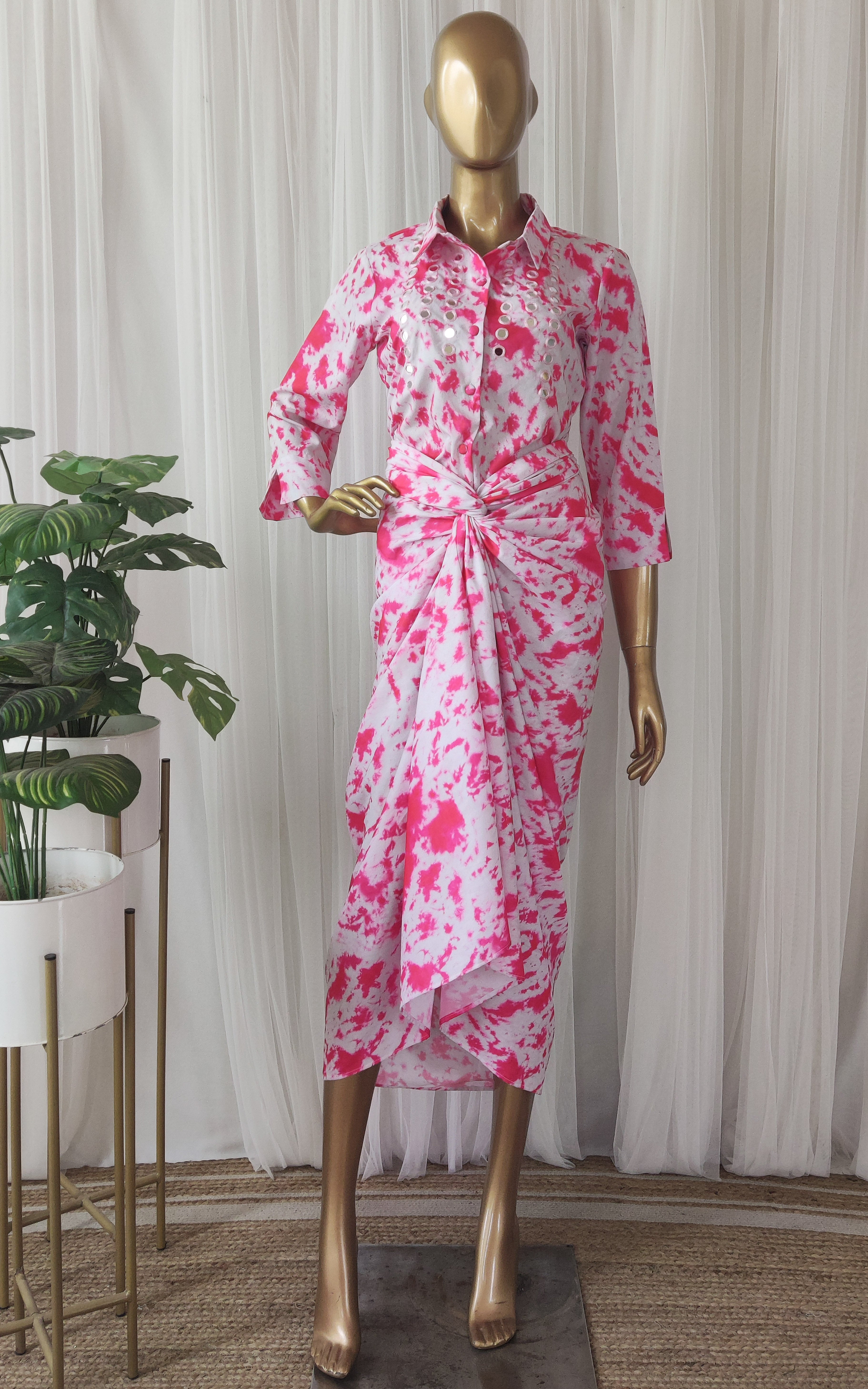 Pink Shibori Mirrorwork Top & Draped Skirt Co-ord Set