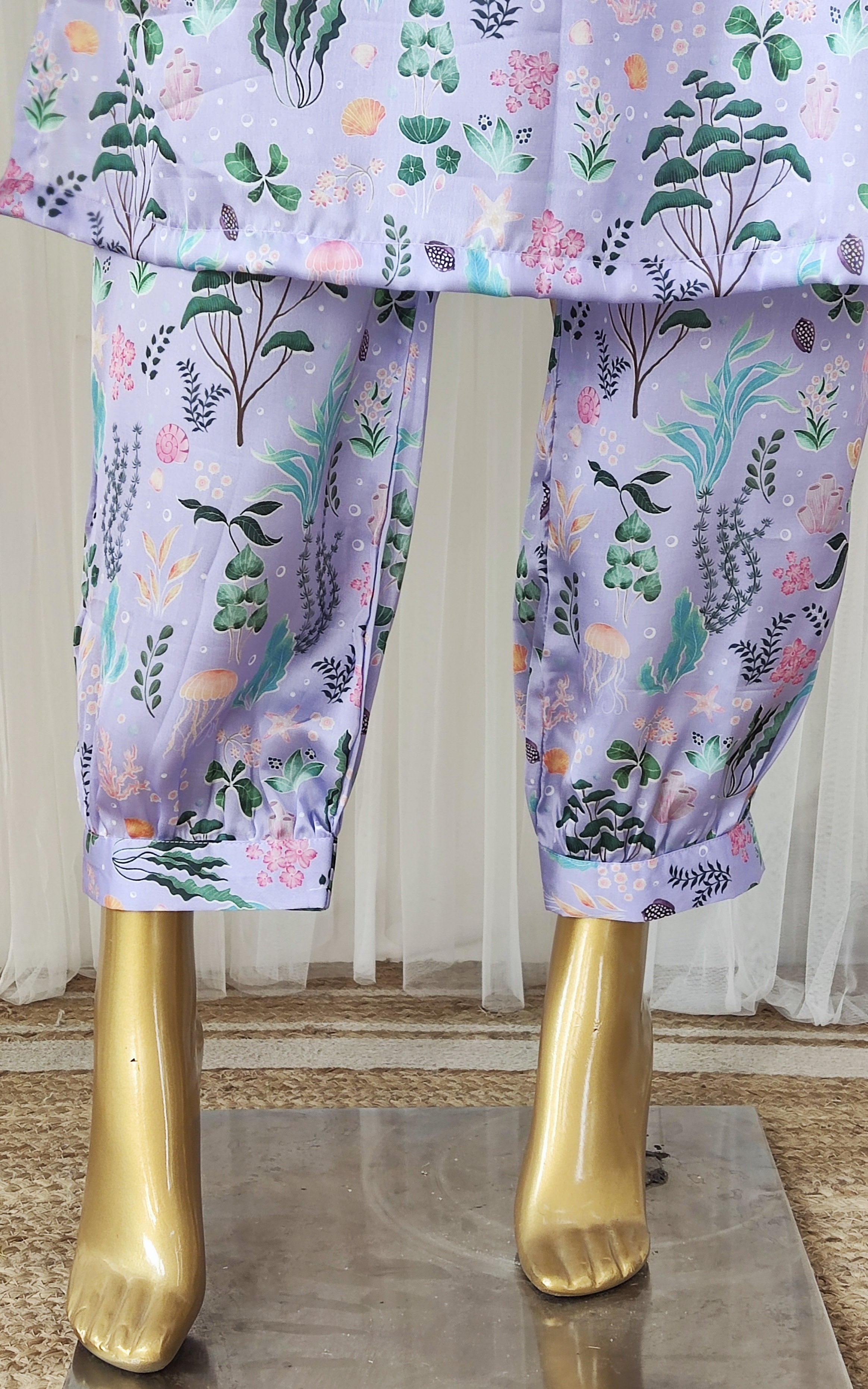 Purple Aquatic Print Kurta Pant Co-ord Set