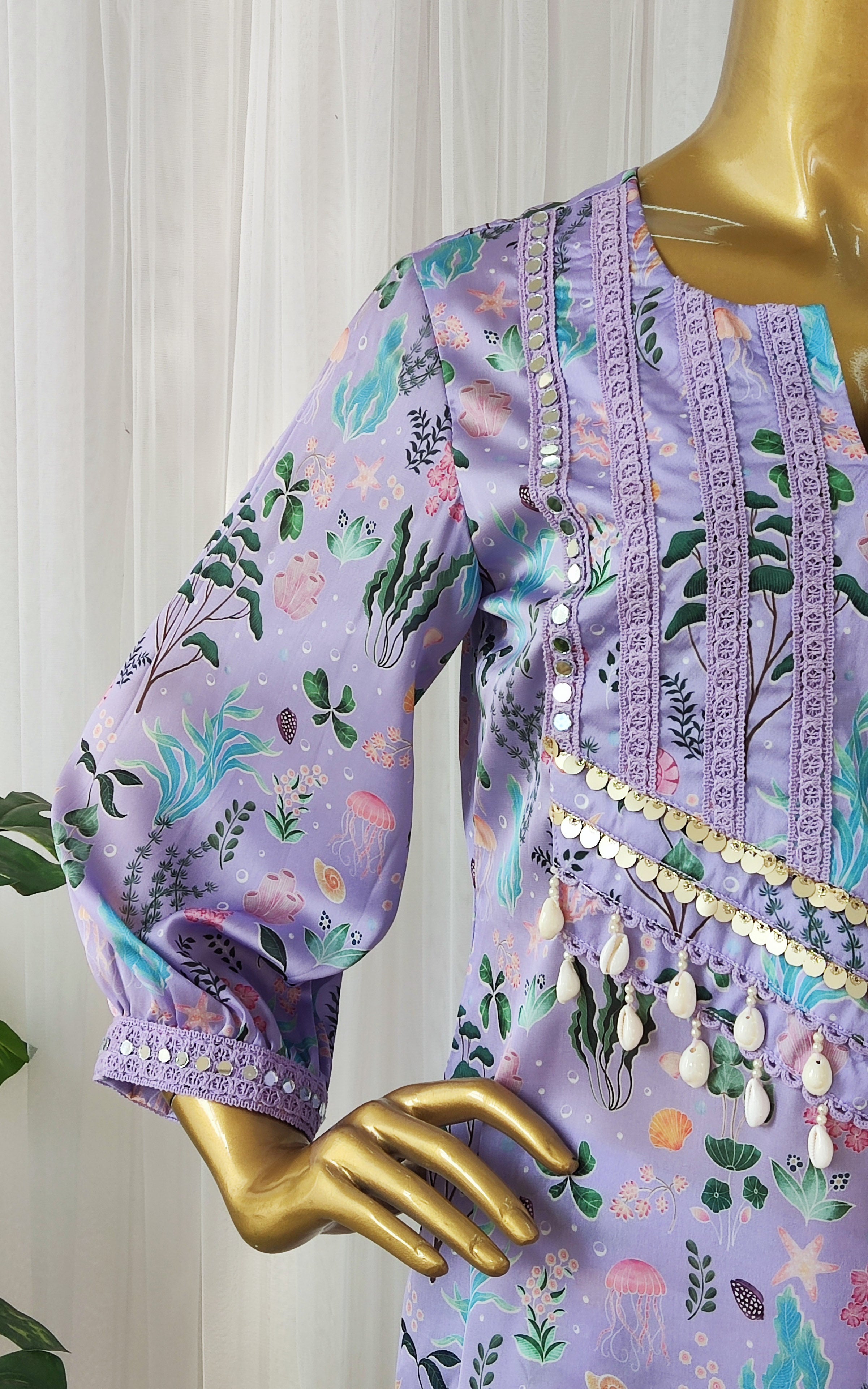 Purple Aquatic Print Kurta Pant Co-ord Set