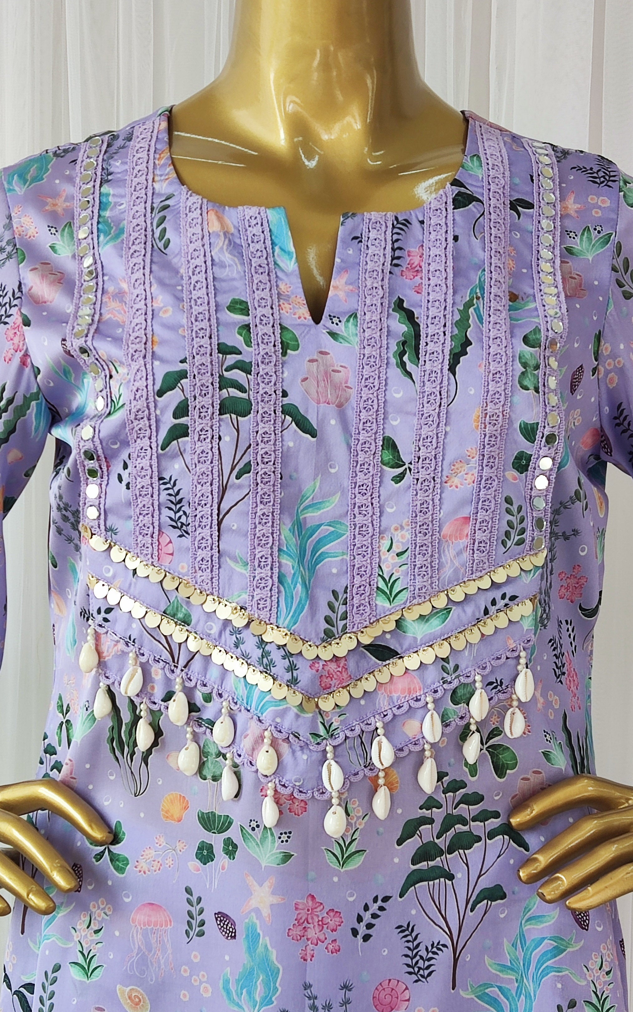 Purple Aquatic Print Kurta Pant Co-ord Set