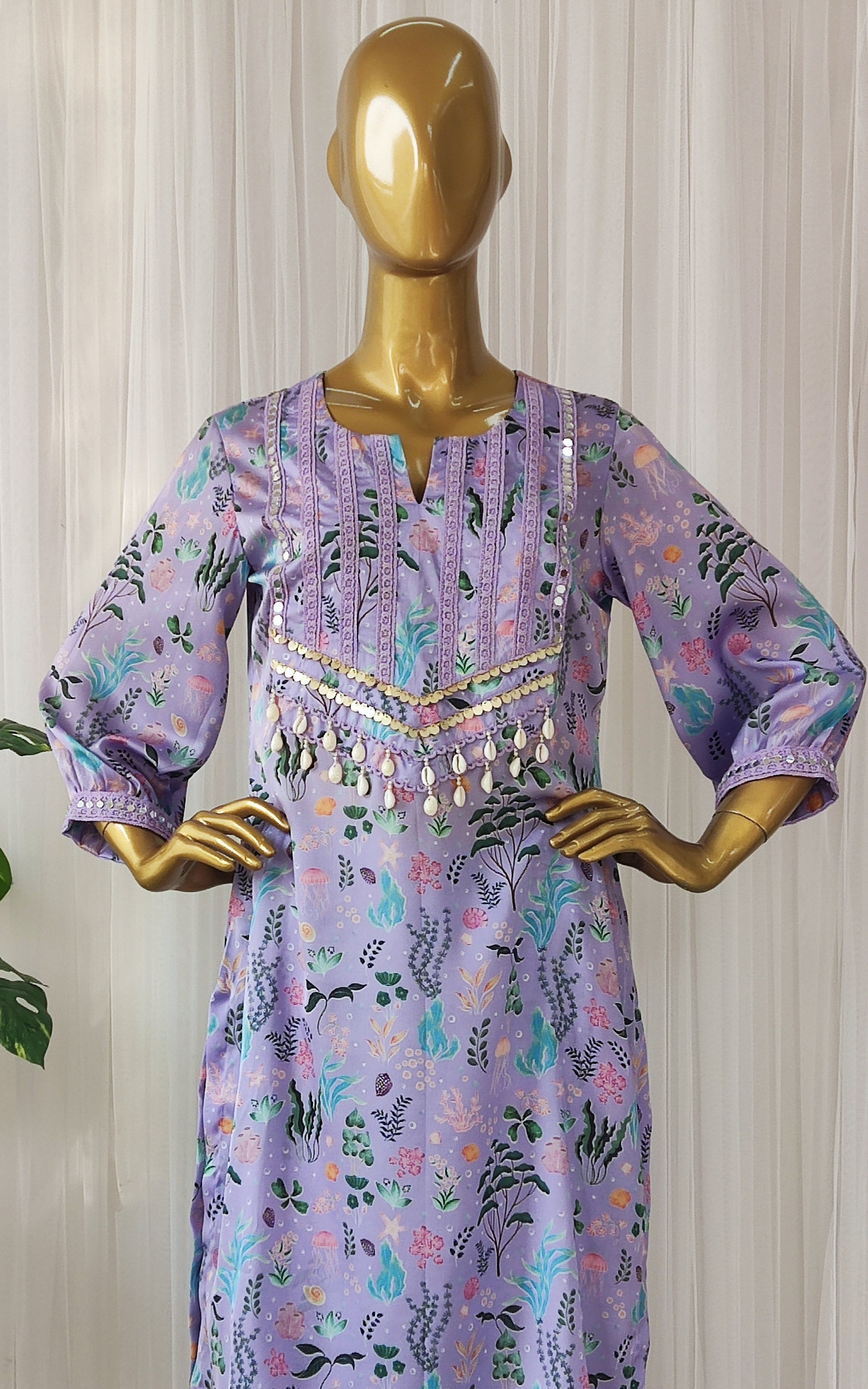 Purple Aquatic Print Kurta Pant Co-ord Set