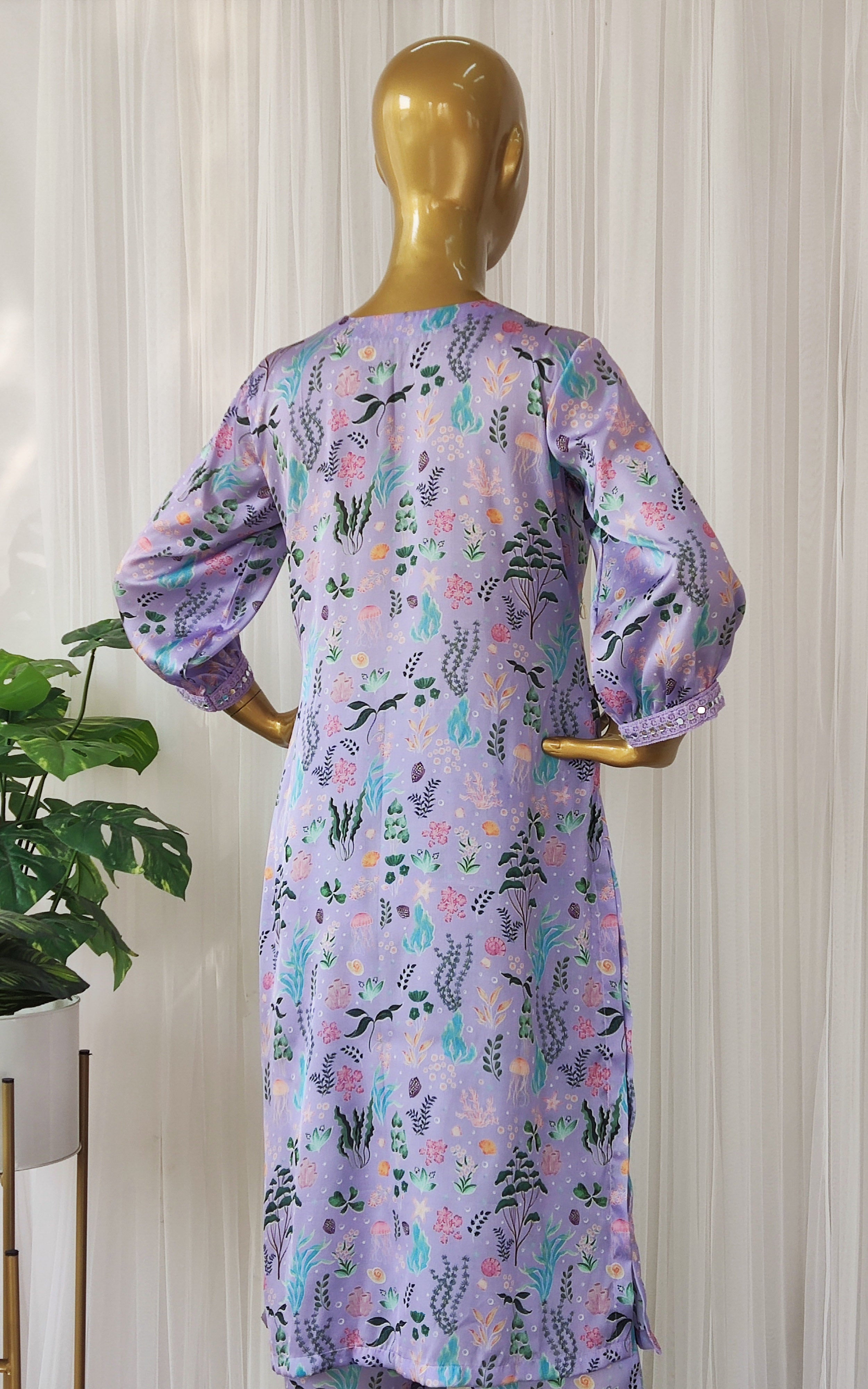 Purple Aquatic Print Kurta Pant Co-ord Set