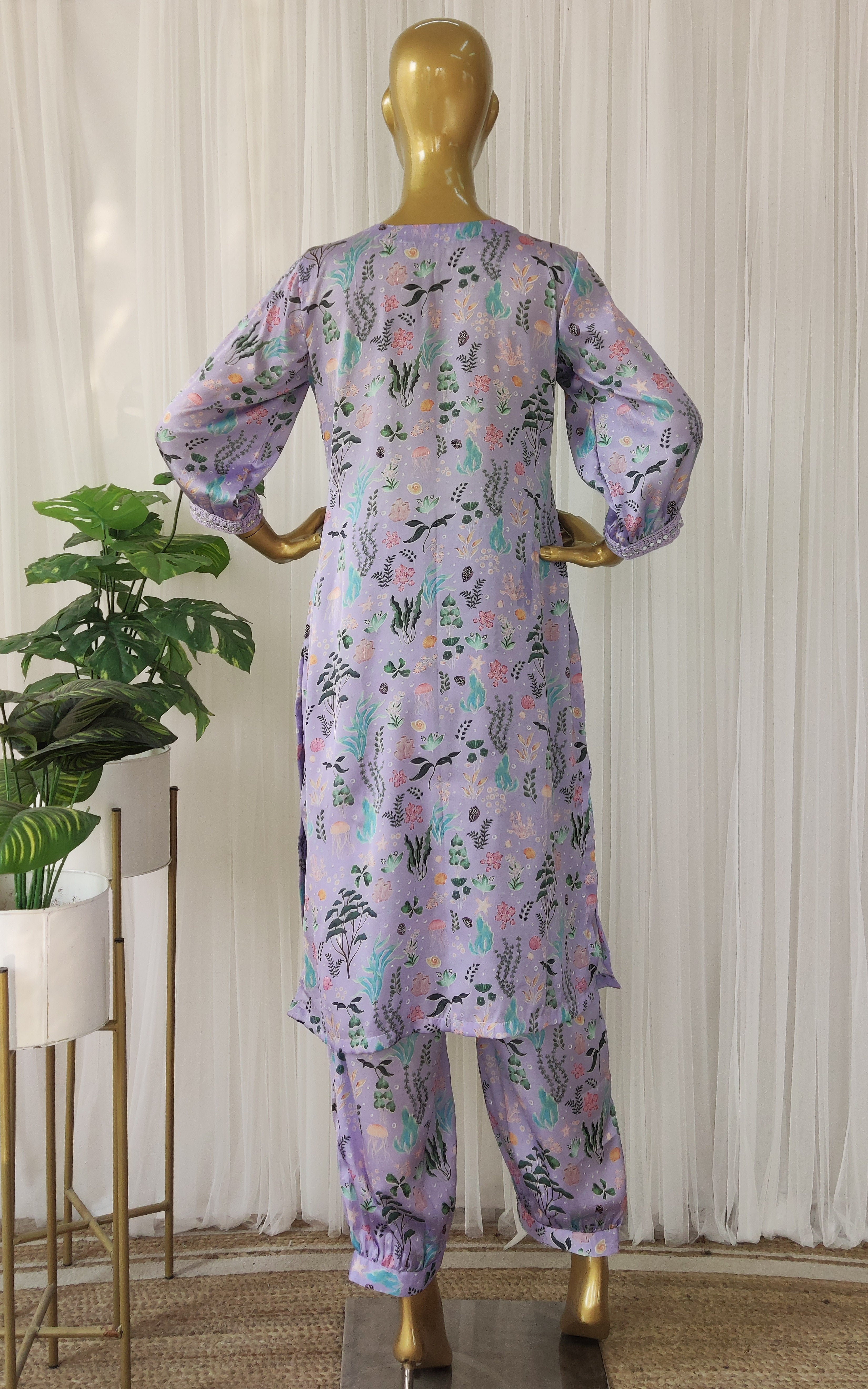 Purple Aquatic Print Kurta Pant Co-ord Set