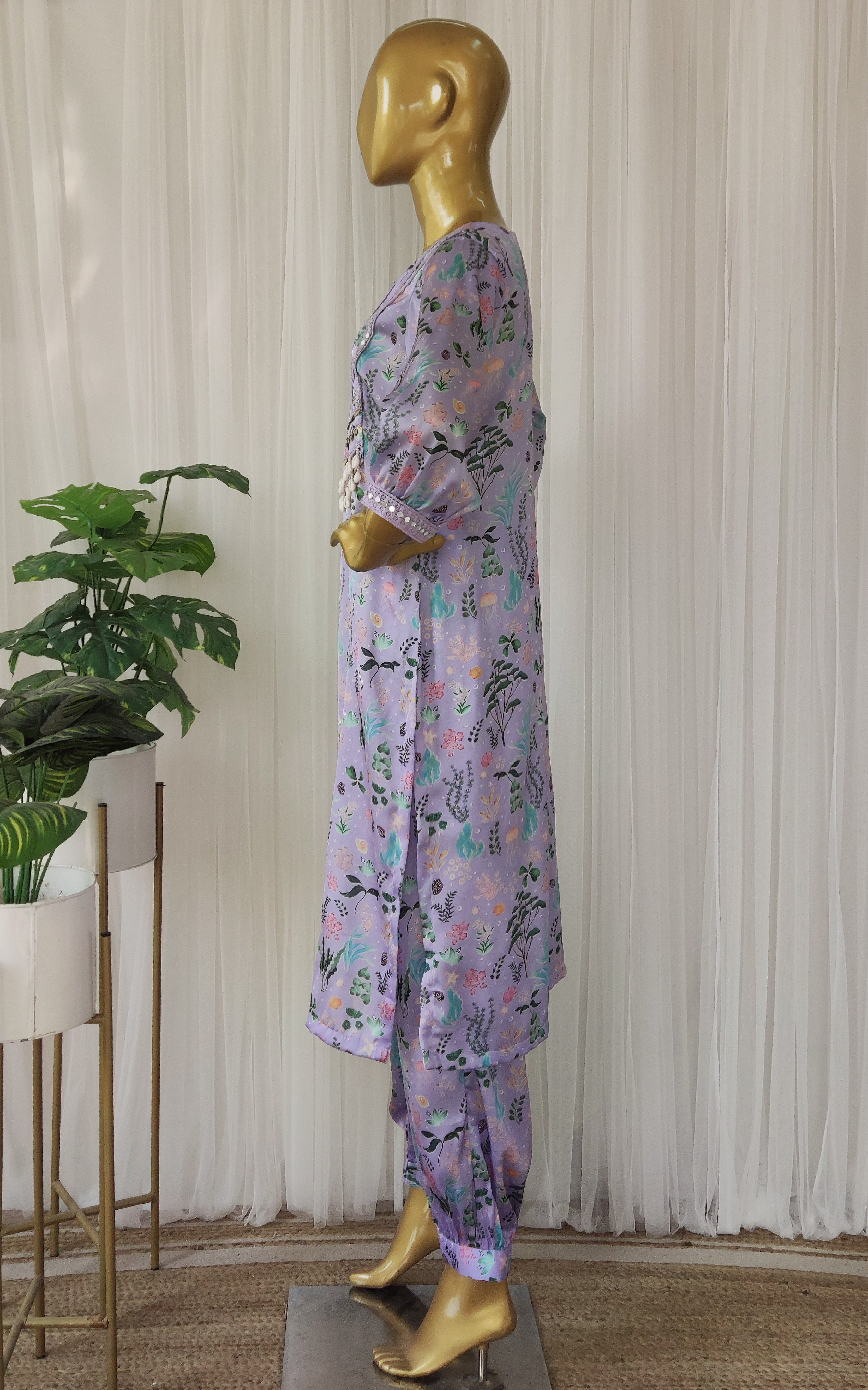 Purple Aquatic Print Kurta Pant Co-ord Set