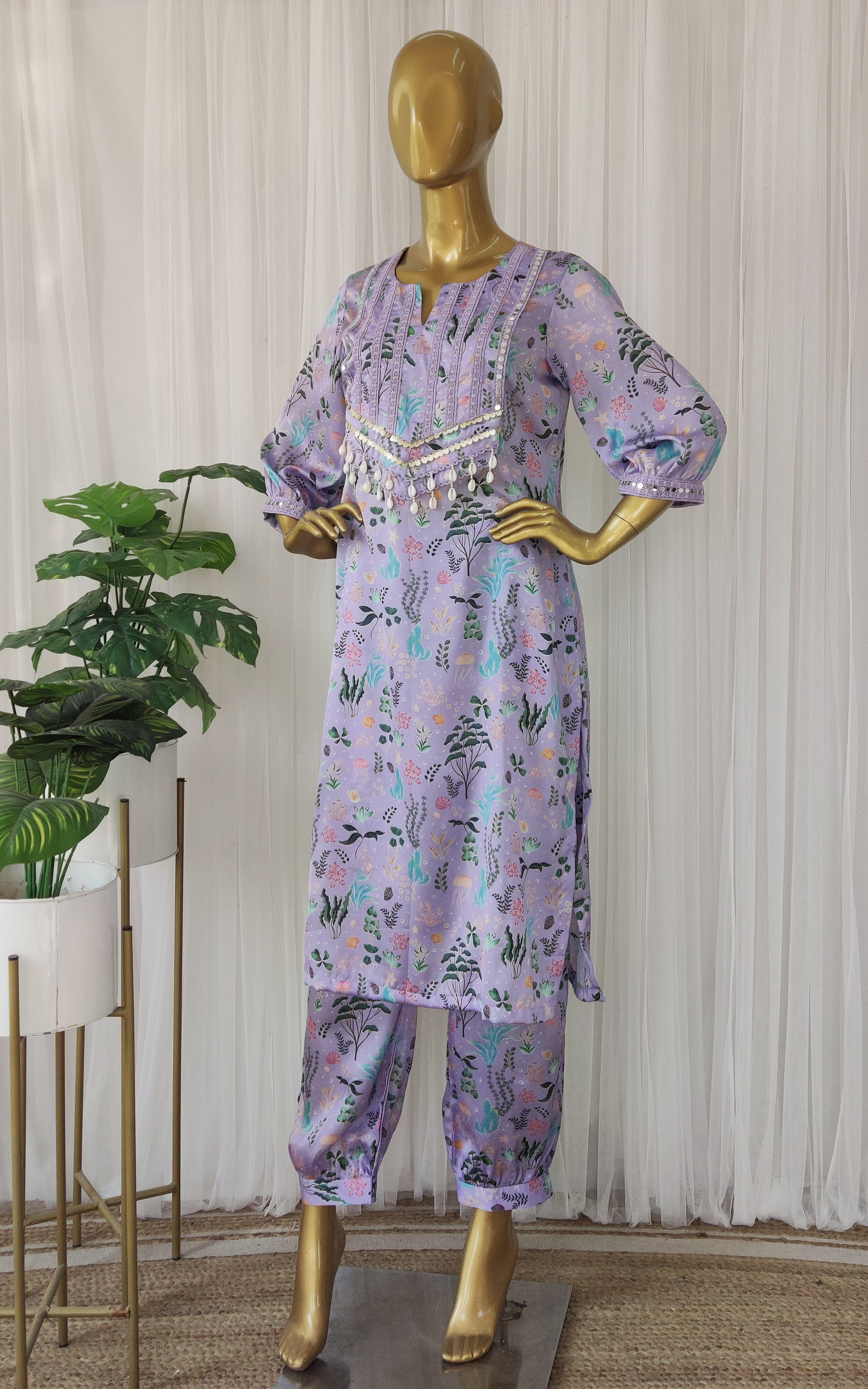 Purple Aquatic Print Kurta Pant Co-ord Set