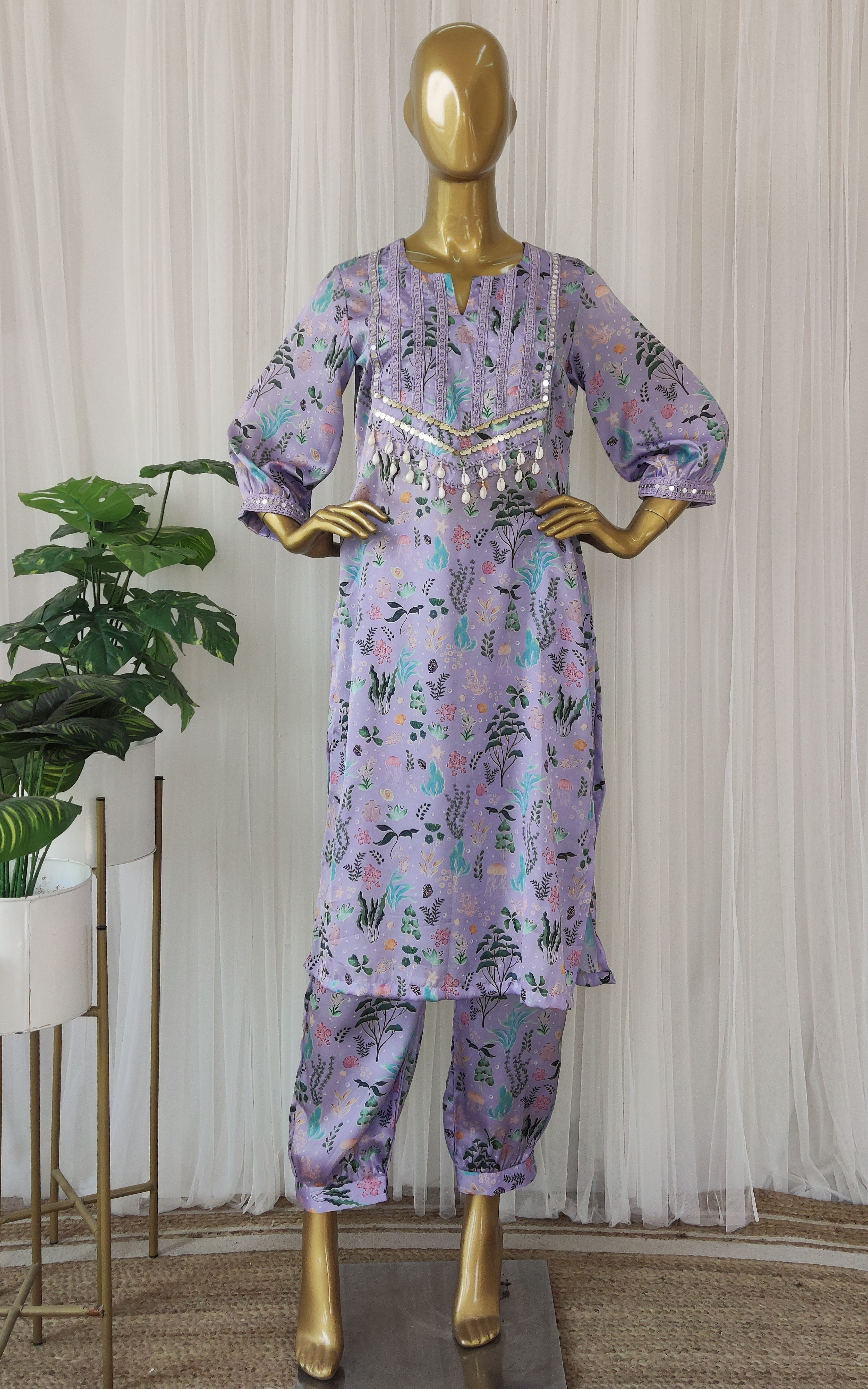 Purple Aquatic Print Kurta Pant Co-ord Set