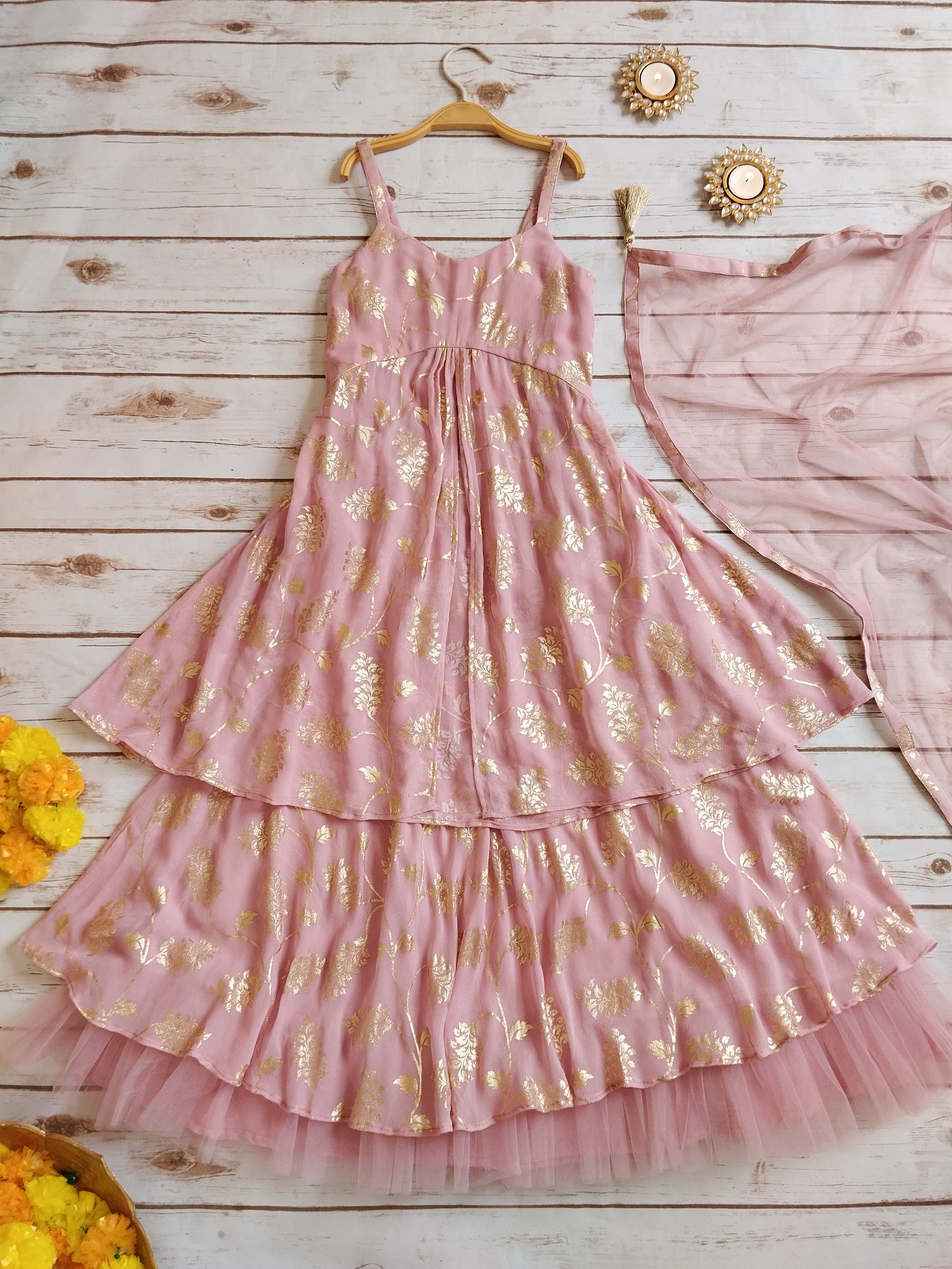Amaranth Pink Gold Foil Print Lehenga Kurti Set for Kids